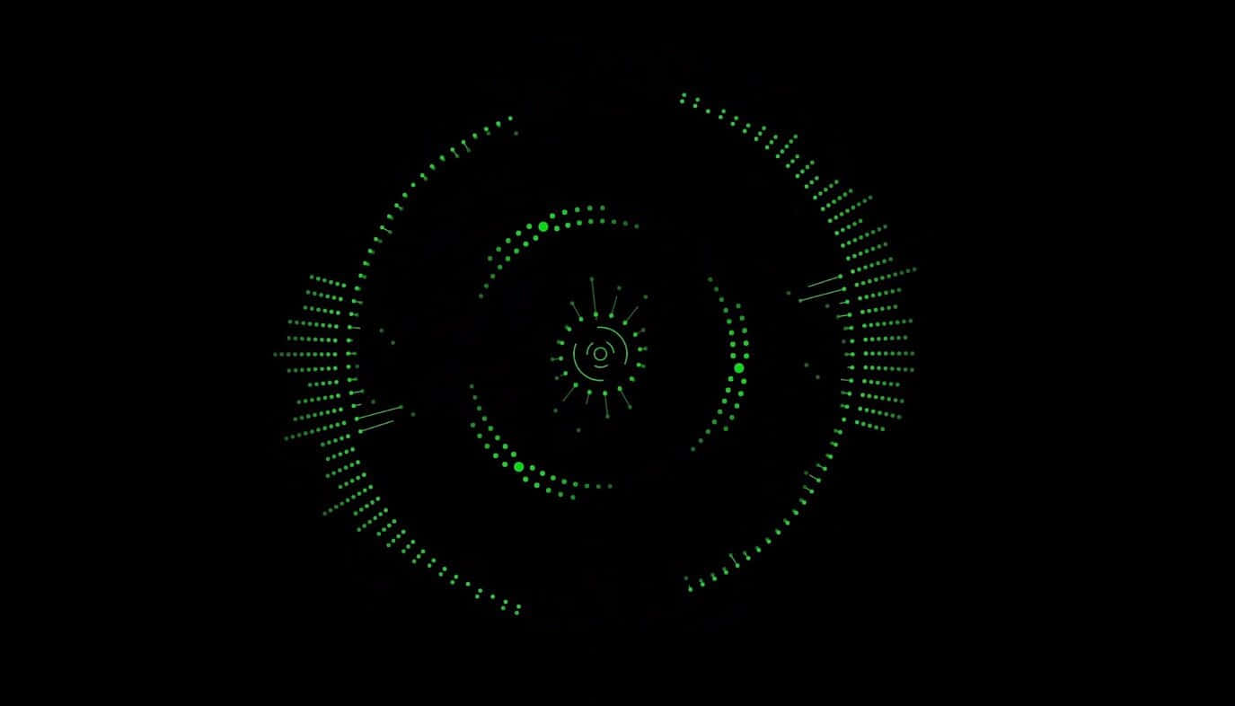 Circle 桌布 壁紙 — 一個發光的綠色數位介面，帶有同心虛線圓圈和放射線，背景為黑色。