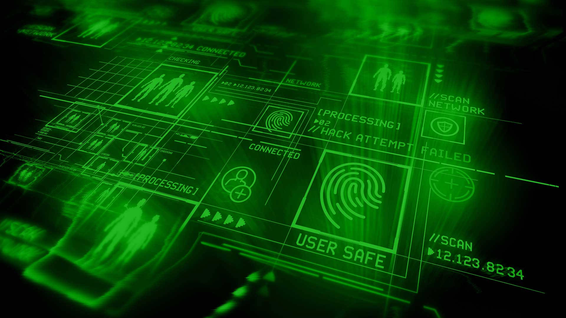 security 桌布 壁紙 — 一個發光的綠色數位介面在深色背景上顯示安全警報和用戶數據。