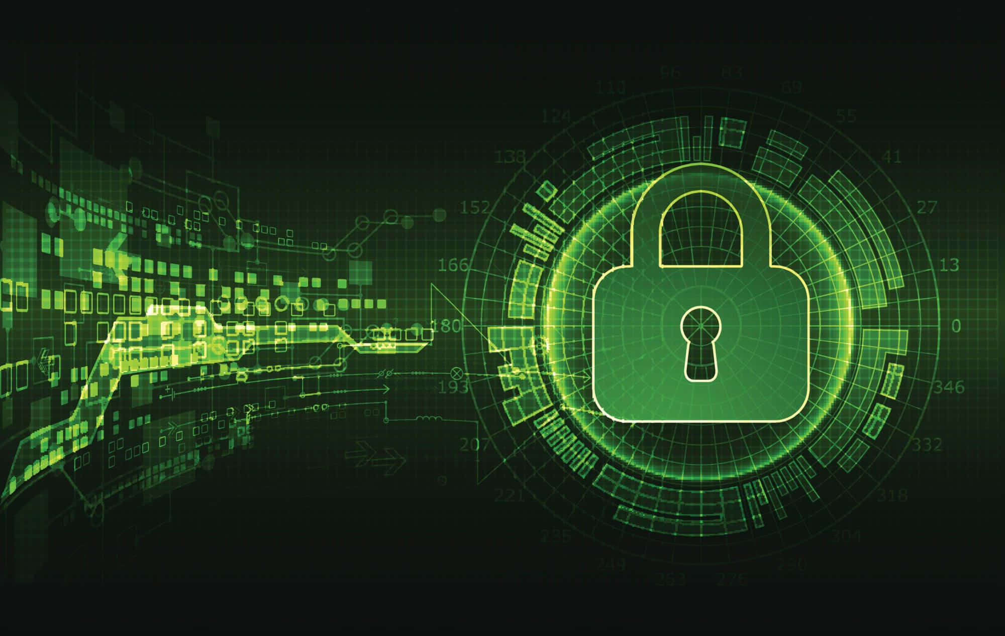 security 桌布 壁紙 — 一個發光的綠色數位掛鎖，位於未來感介面中央，電路和數據流在黑暗背景中流向它。