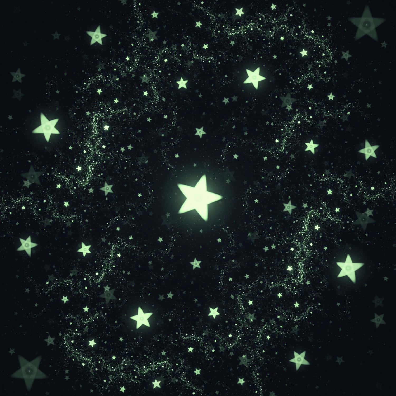 glow 桌布 壁紙 — 一個發光的綠色星場在黑暗的宇宙背景中旋轉，帶有閃爍的粒子和不同大小的星星。