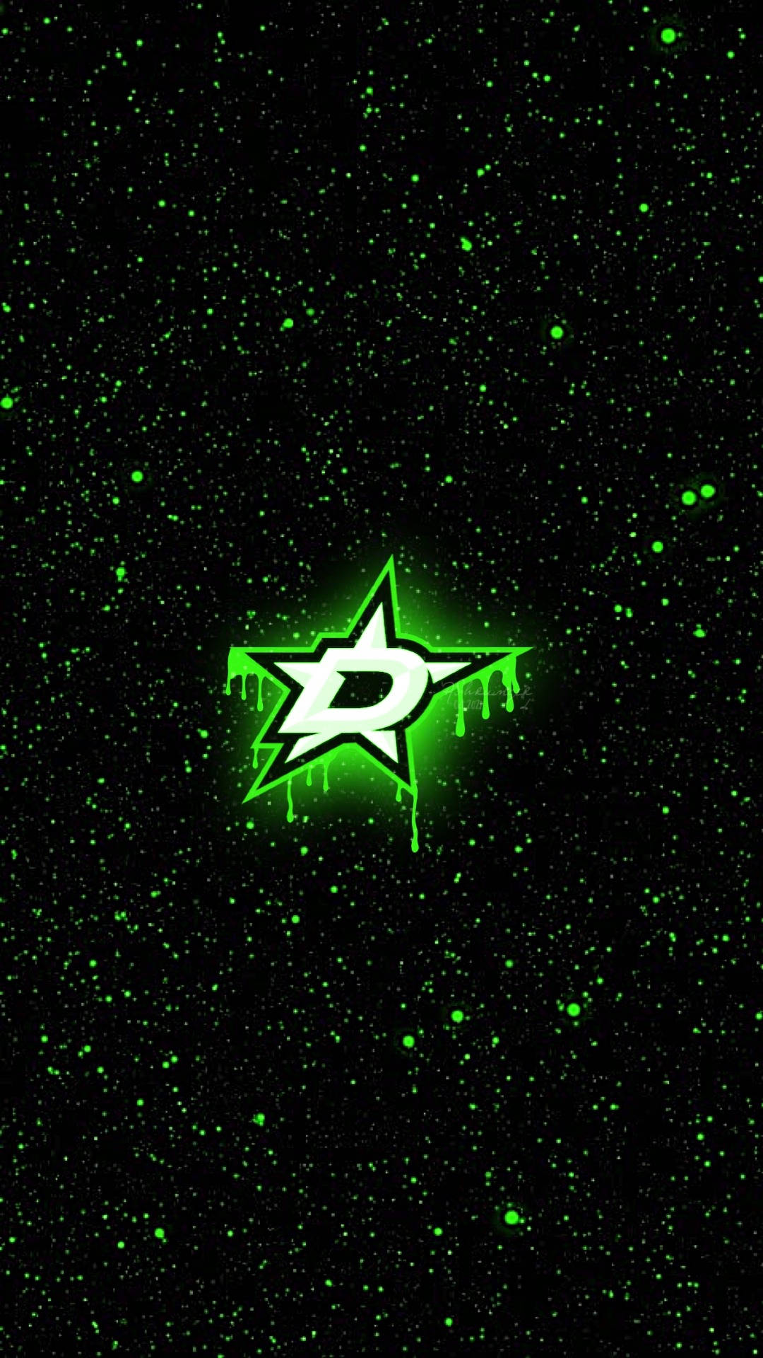 Dallas Stars 桌布 壁紙 — 一個發光的綠色星星標誌，中央有一個滴落的「D」，位於帶有綠色斑點的黑色背景上。