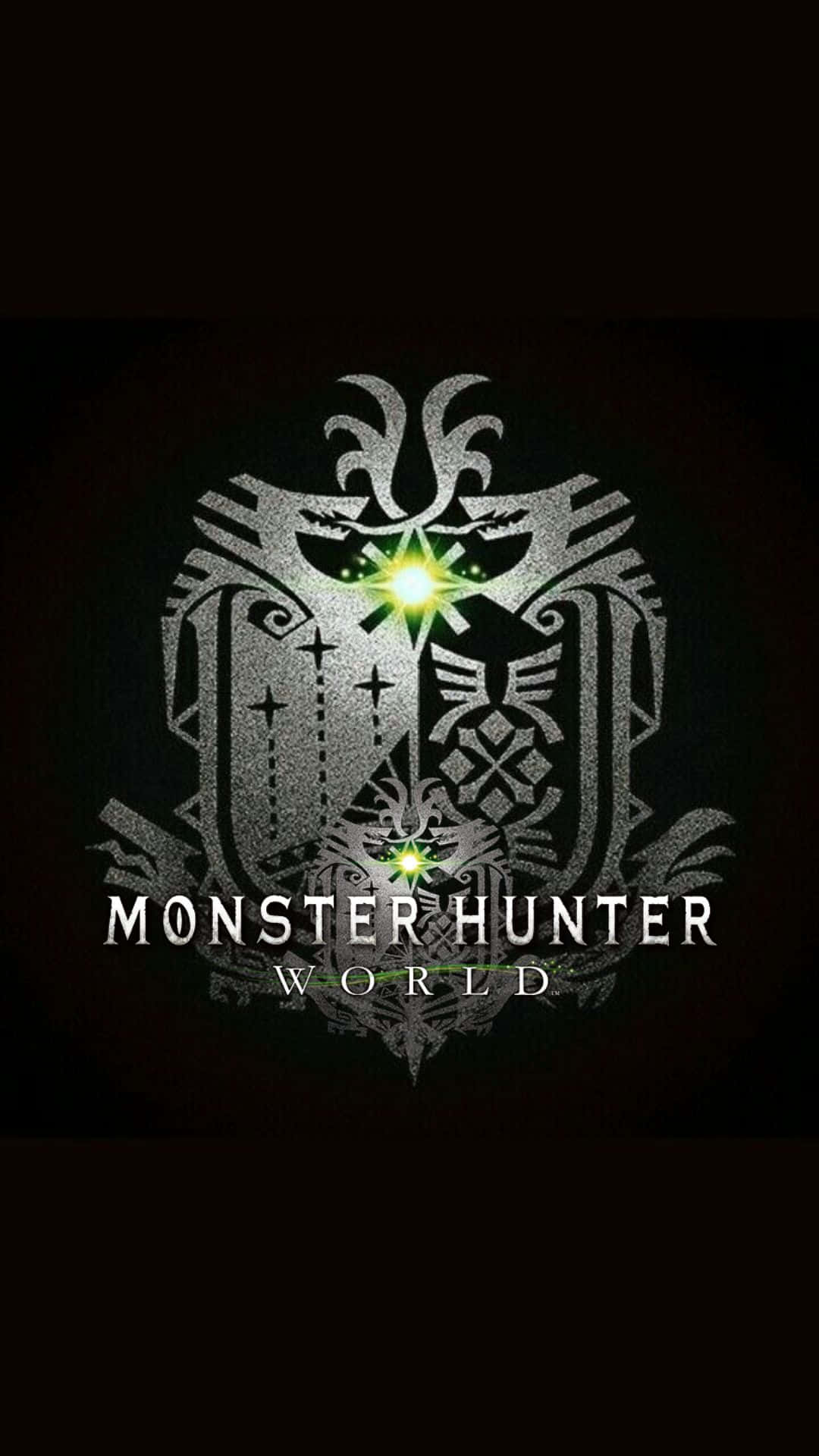 Android Monster Hunter World 桌布 壁紙 — 一個發光的綠色星爆標誌，帶有複雜的銀色部落圖案和文字 Monster Hunter World，背景為深色。