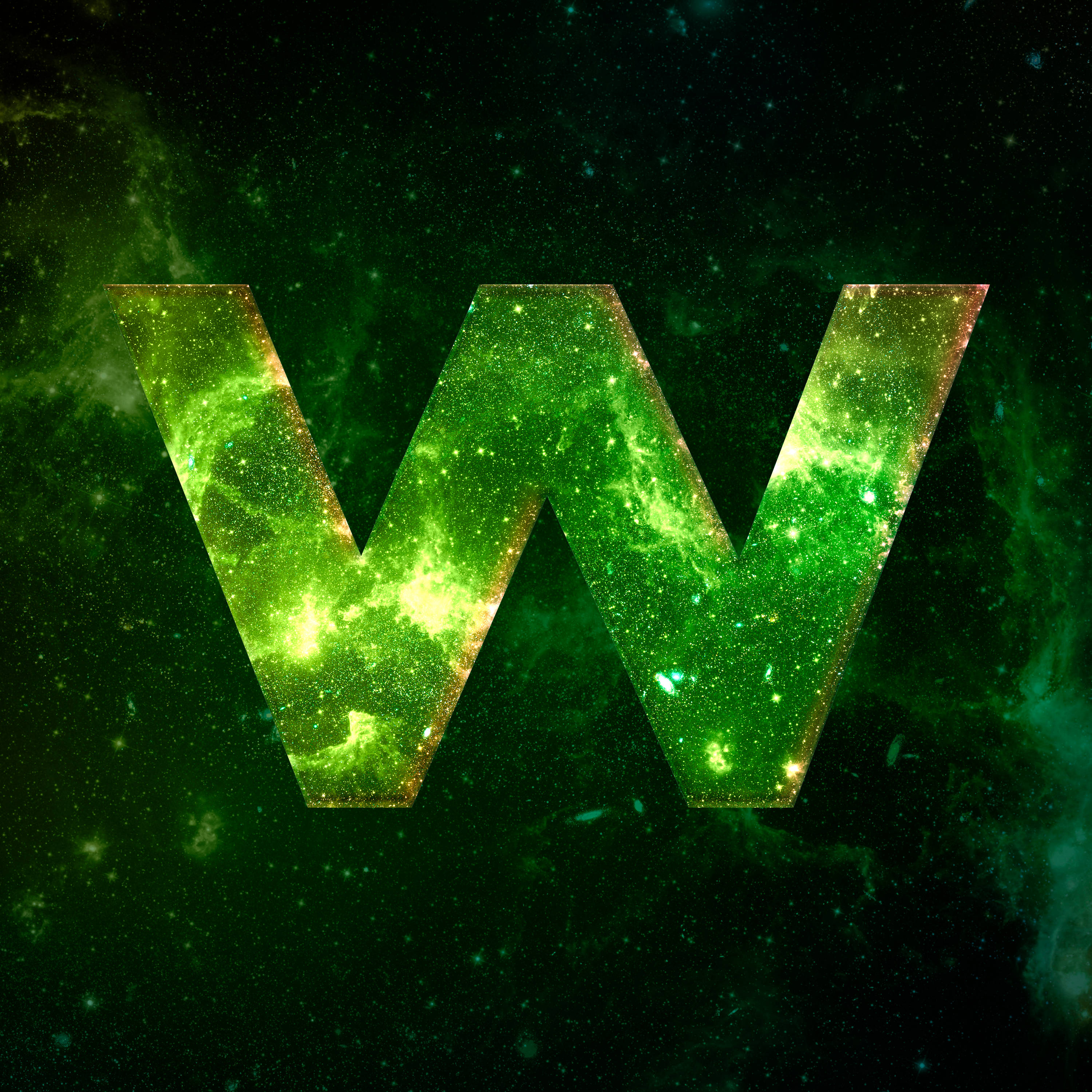 W 桌布 壁紙 — 一個發光的綠色星系填充字母W，在佈滿星星的黑暗宇宙背景下大膽地站立。