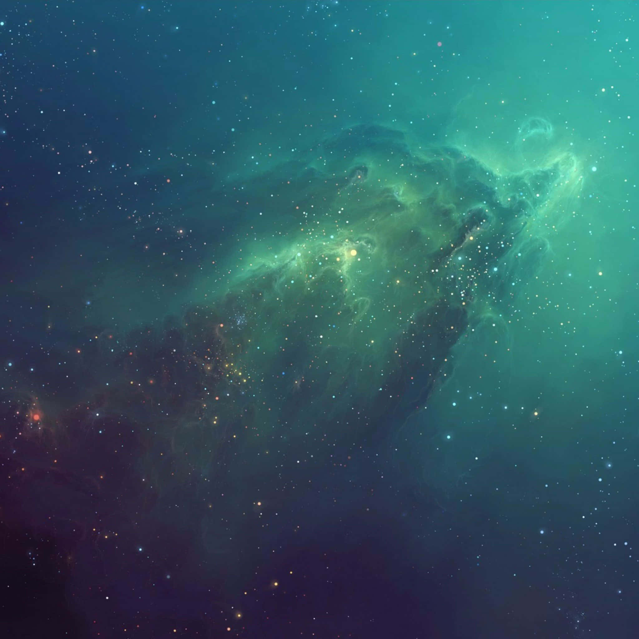 桌布 壁紙 — 一個發光的綠色星雲在點綴著閃爍星星和宇宙塵埃的深空中旋轉。