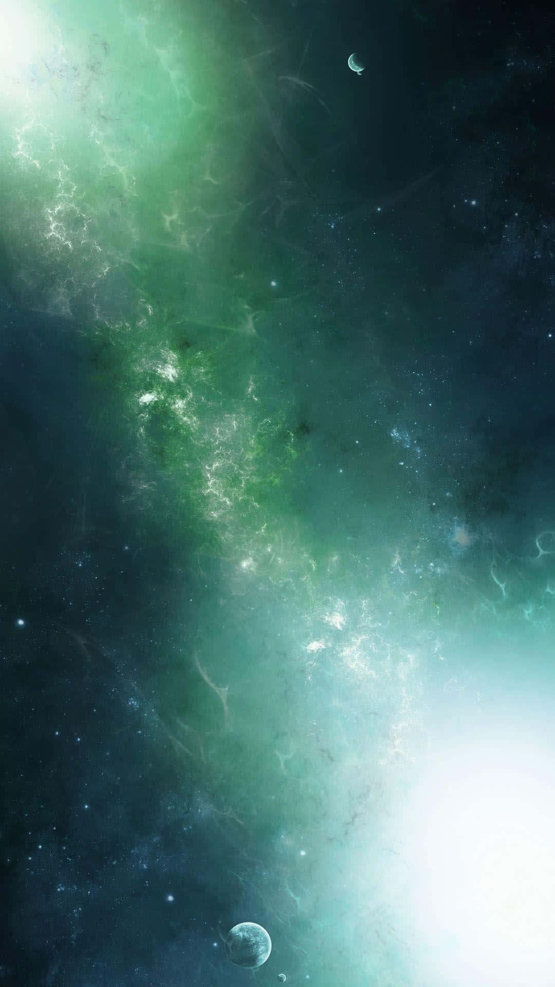 Green Galaxy 桌布 壁紙 — 一個發光的綠色星雲橫跨繁星密佈的宇宙空間，伴隨著發光的氣體雲和遙遠的行星。