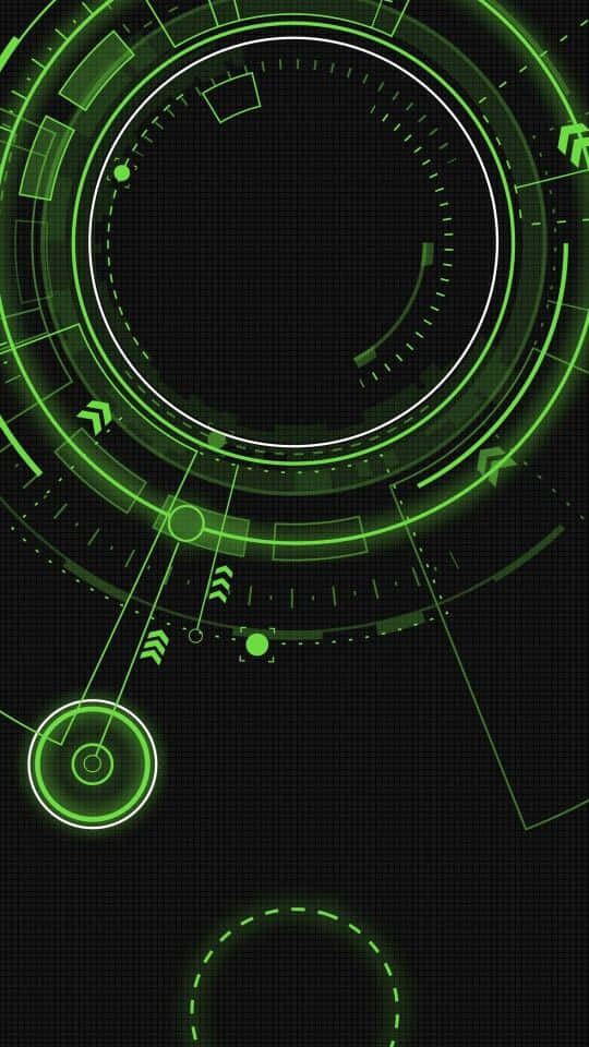 Green Technology 桌布 壁紙 — 一個發光的綠色未來風格HUD介面，帶有圓形儀表和箭頭，位於黑色網格背景上。