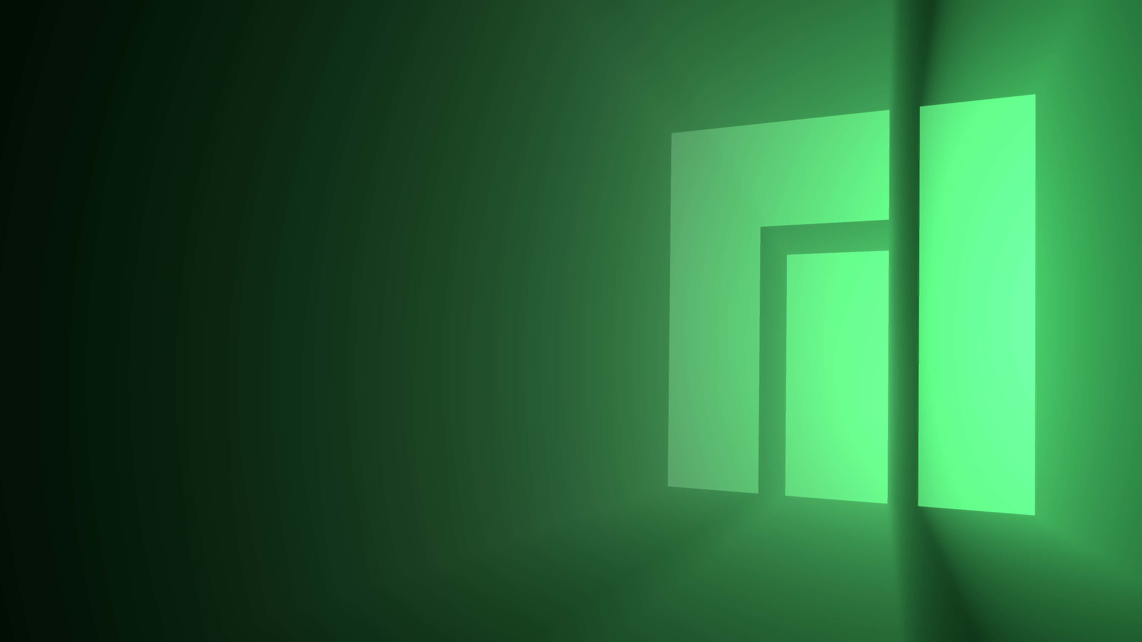 Manjaro 桌布 壁紙 — 一個發光的綠色極簡標誌從黑暗漸變隧道中浮現，帶有柔和的光線。