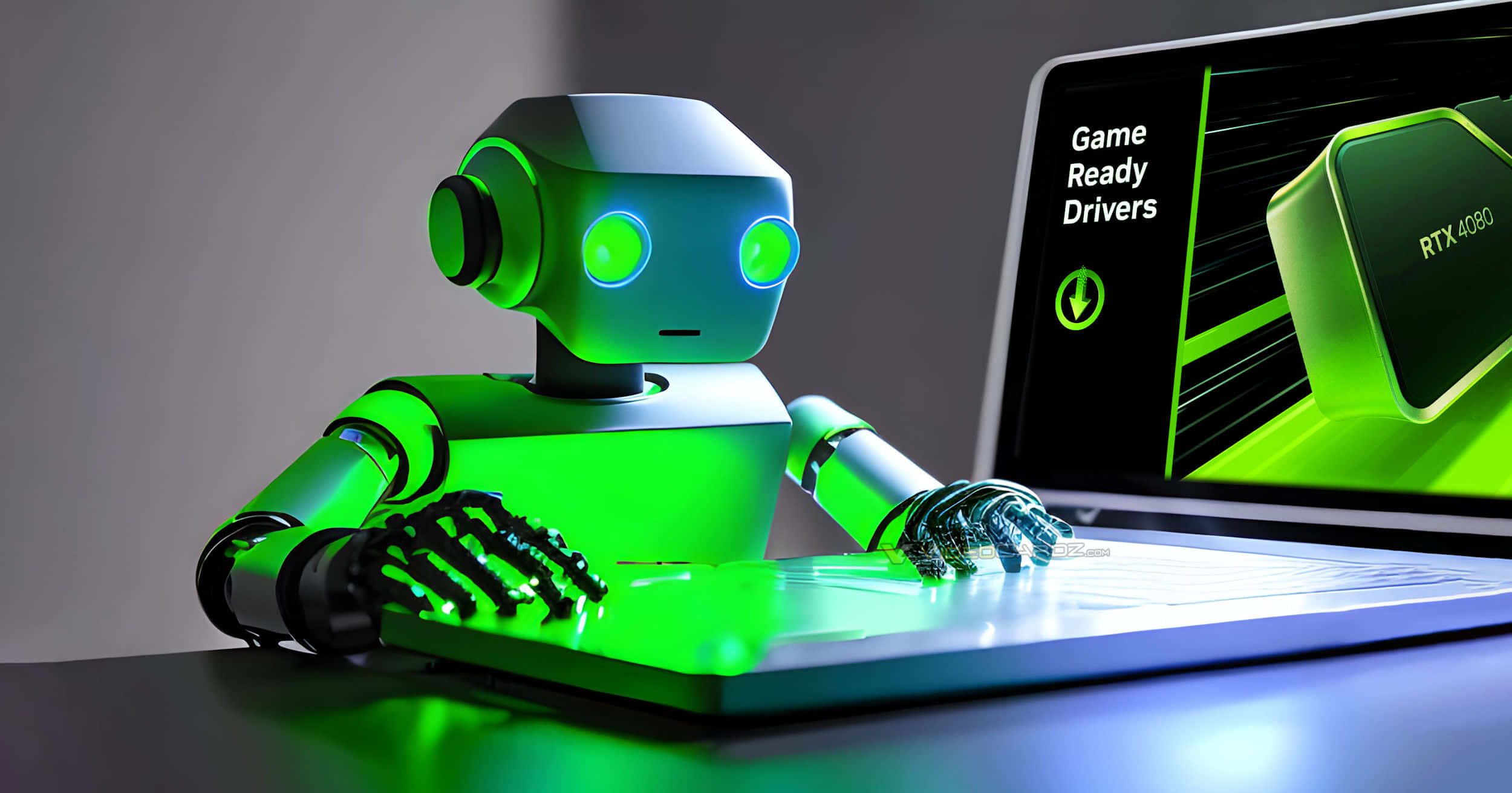 nvidia 桌布 壁紙 — 一個發光的綠色機器人坐在一台顯示RTX 4080顯示卡「Game Ready Drivers」的筆記型電腦前。