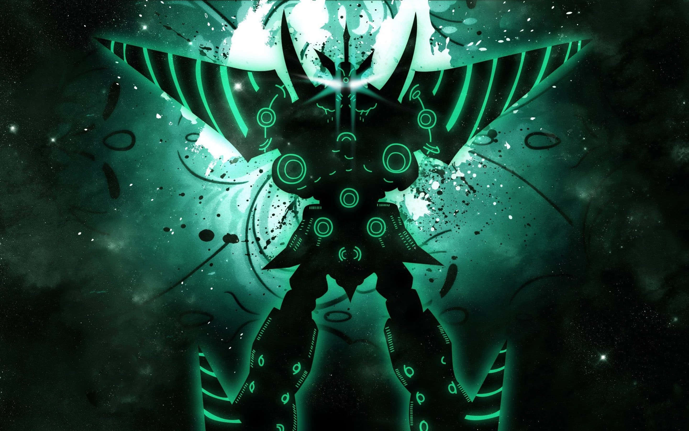 Gurren Lagann 桌布 壁紙 — 一個發光的綠色機器人實體，帶有翼狀手臂，站在帶有星狀斑點的宇宙黑暗背景前。