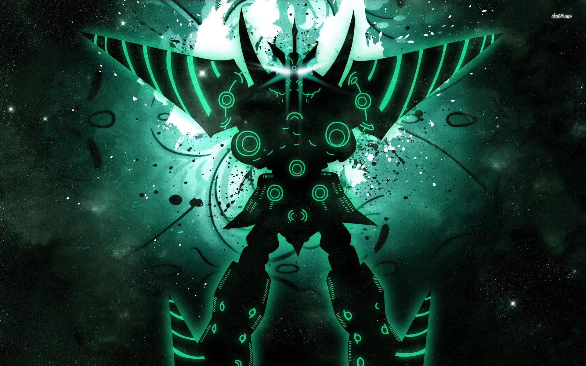 Gurren Lagann 桌布 壁紙 — 一個發光的綠色機械實體，帶有翼狀手臂和圓形燈光，站在宇宙星空背景前。