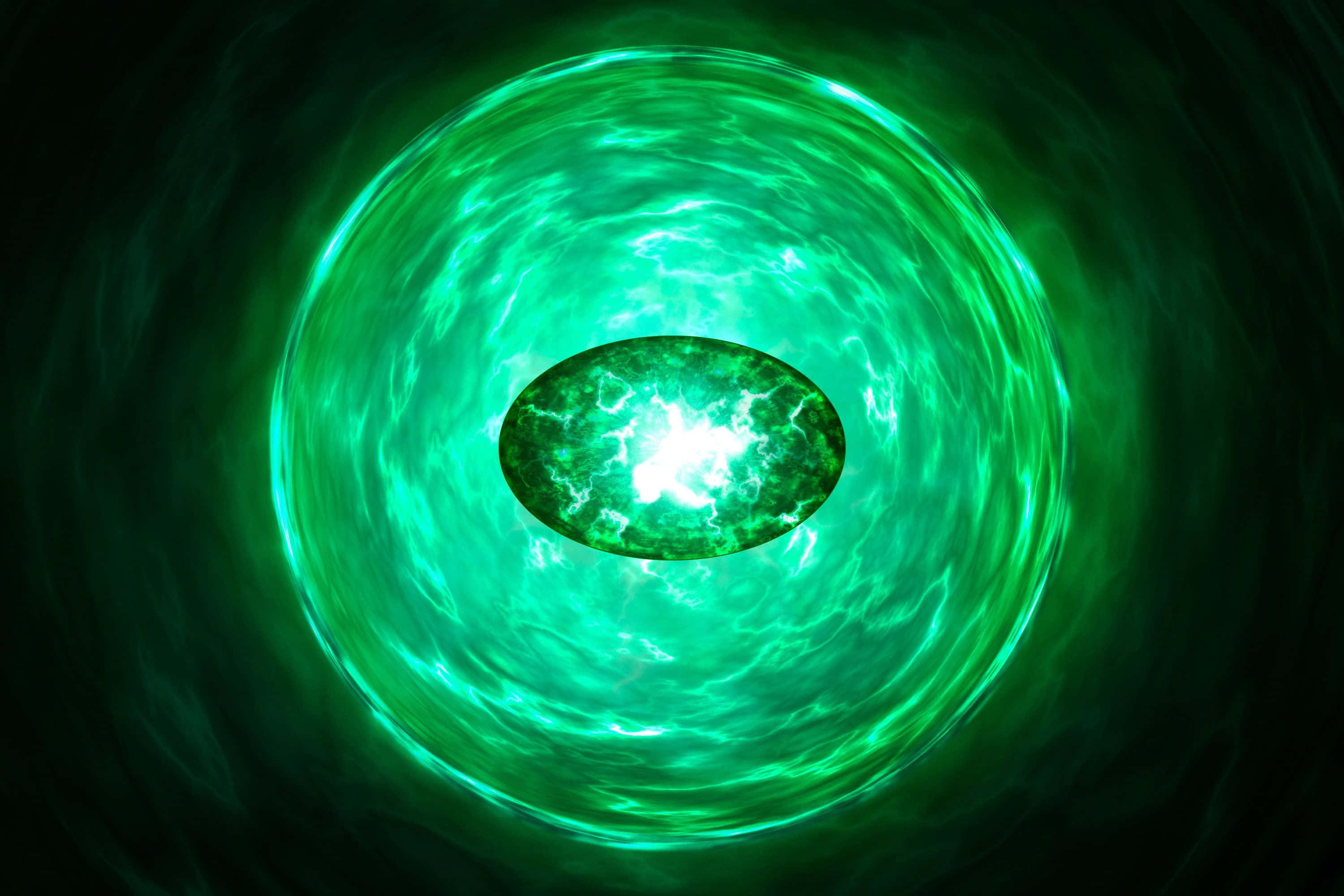 Infinity Gems 桌布 壁紙 — 一個發光的綠色漩渦隧道，旋轉的能量從中央明亮核心輻射出來，映襯著黑暗虛空。