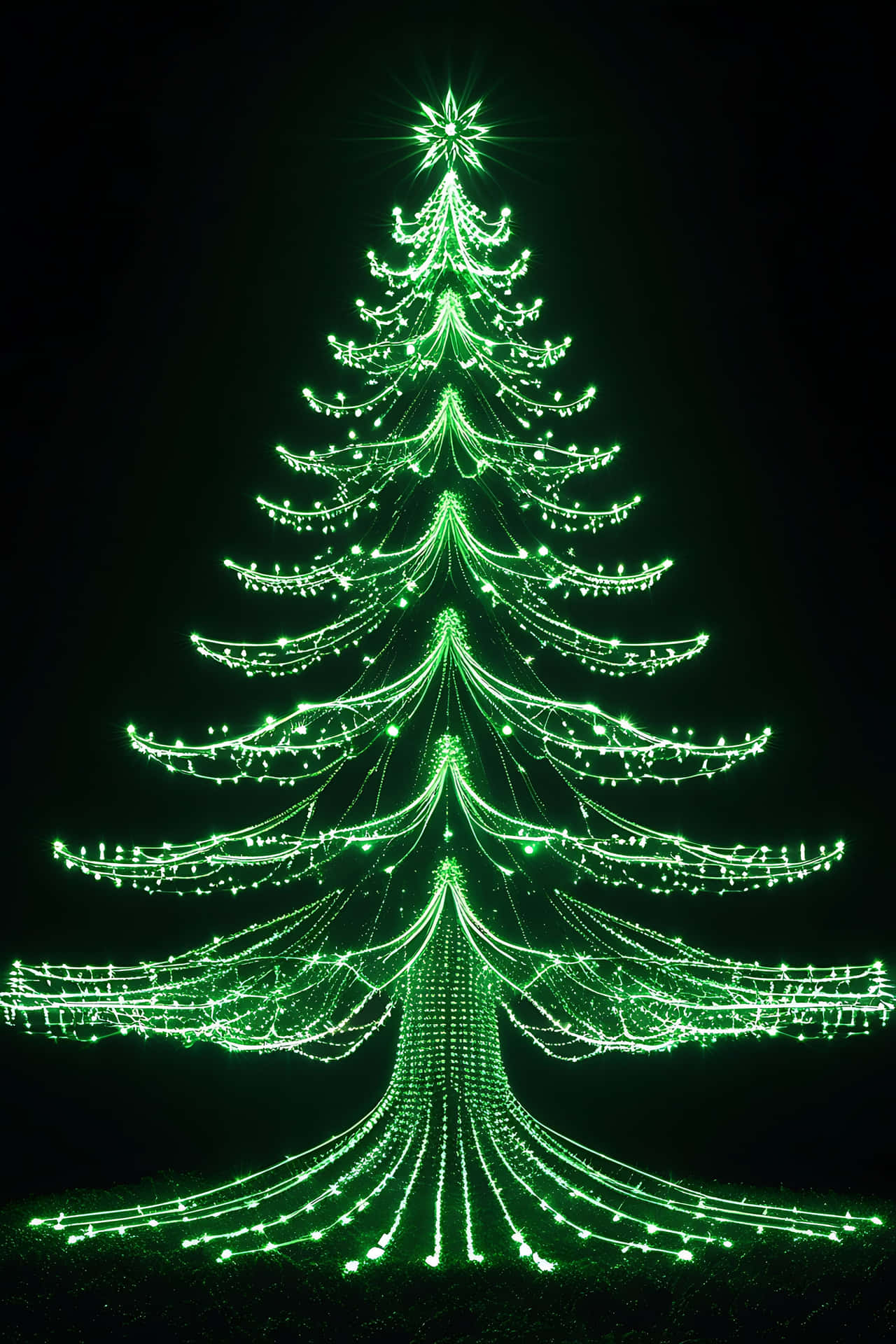 Illuminated christmas tree 壁紙 — 一個發光的綠色燈光雕塑，形狀像聖誕樹，頂部有一顆星星，立在黑暗背景前。