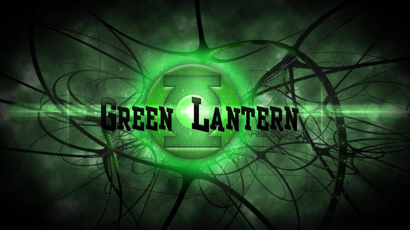 Lantern 桌布 壁紙 — 一個發光的綠色燈籠符號在黑暗旋轉的背景上散發能量，並帶有粗體黑色字母的「GREEN LANTERN」文字。