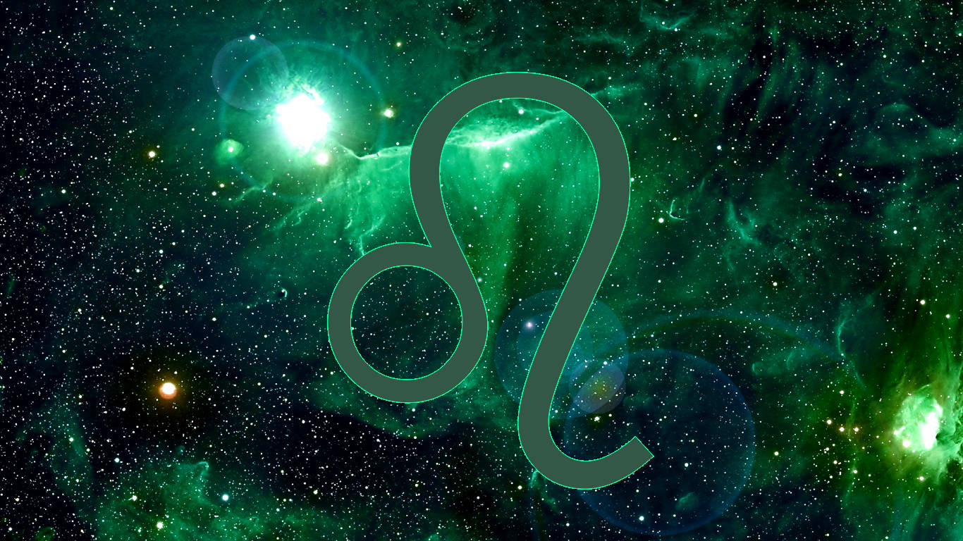 Leo 桌布 壁紙 — 一個發光的綠色獅子座星座符號漂浮在充滿星星和發光氣體雲的充滿活力的宇宙星雲中。