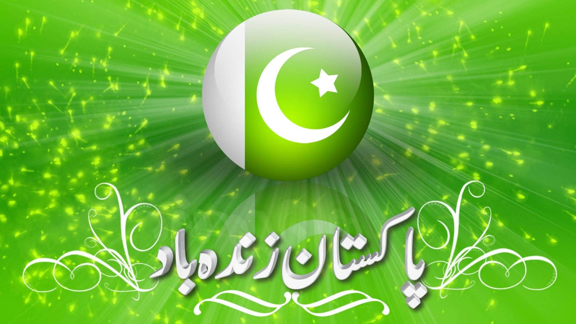 Pakistan 桌布 壁紙 — 一個發光的綠色球體帶有巴基斯坦國旗標誌，在閃爍的綠色背景上散發光芒，並配有優雅的烏爾都語文字。