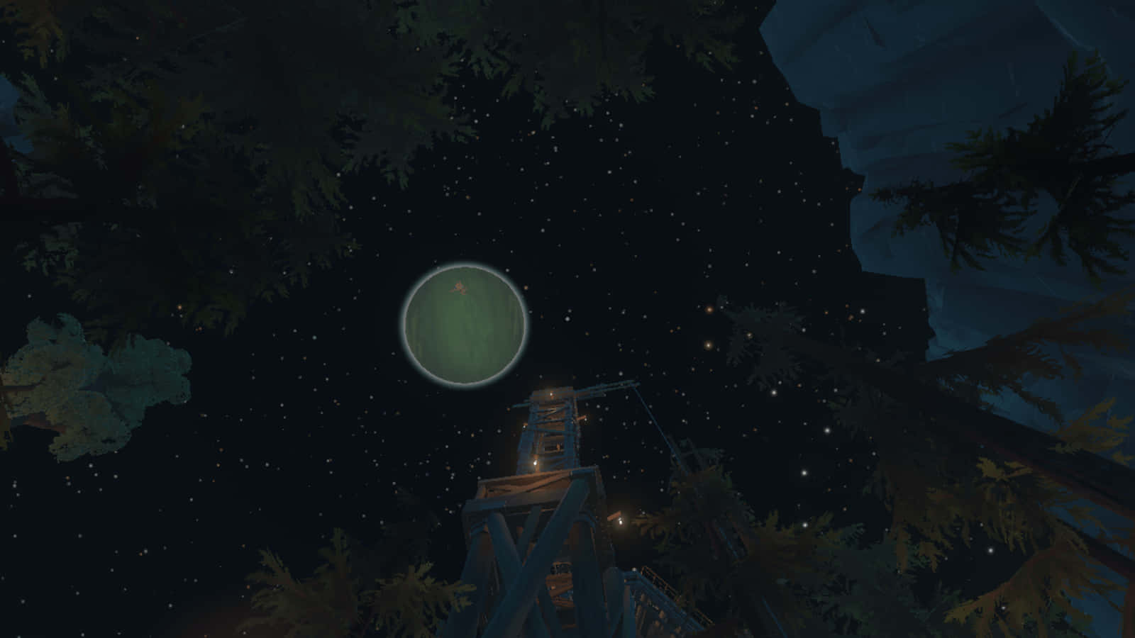 Outer Wilds 桌布 壁紙 — 一個發光的綠色球體懸掛在繁星點點的夜空中，周圍環繞著黑暗的樹枝和下方的木結構。
