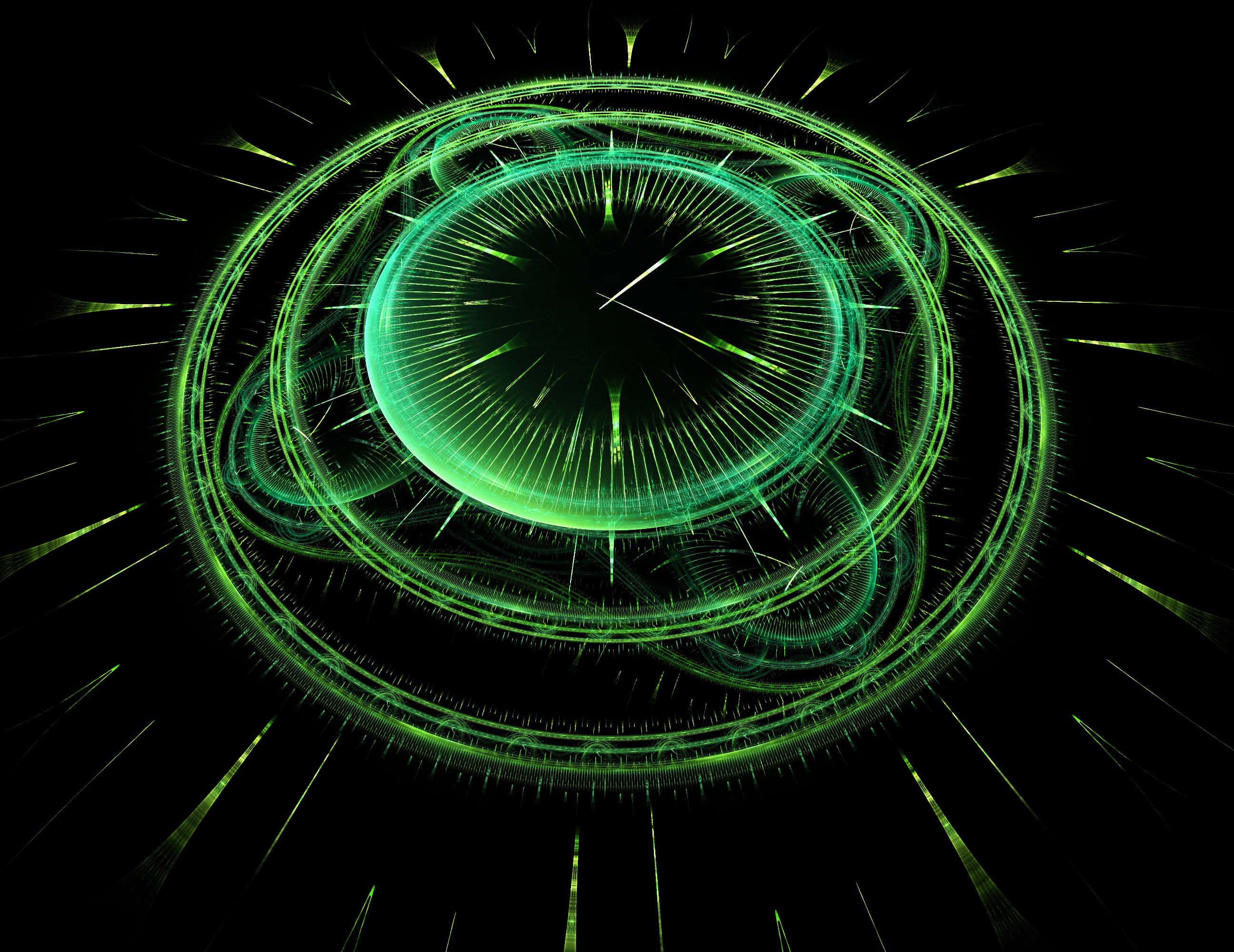 Clock 桌布 壁紙 — 一個發光的綠色碎形時鐘，帶有輻射線條，在黑色虛空中脈動，喚起數位時間。