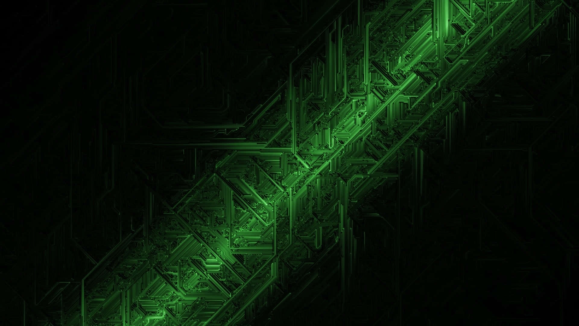 Black And Green 桌布 壁紙 — 一個發光的綠色碎形電路圖案在黑暗背景上以複雜的幾何線條對角輻射。