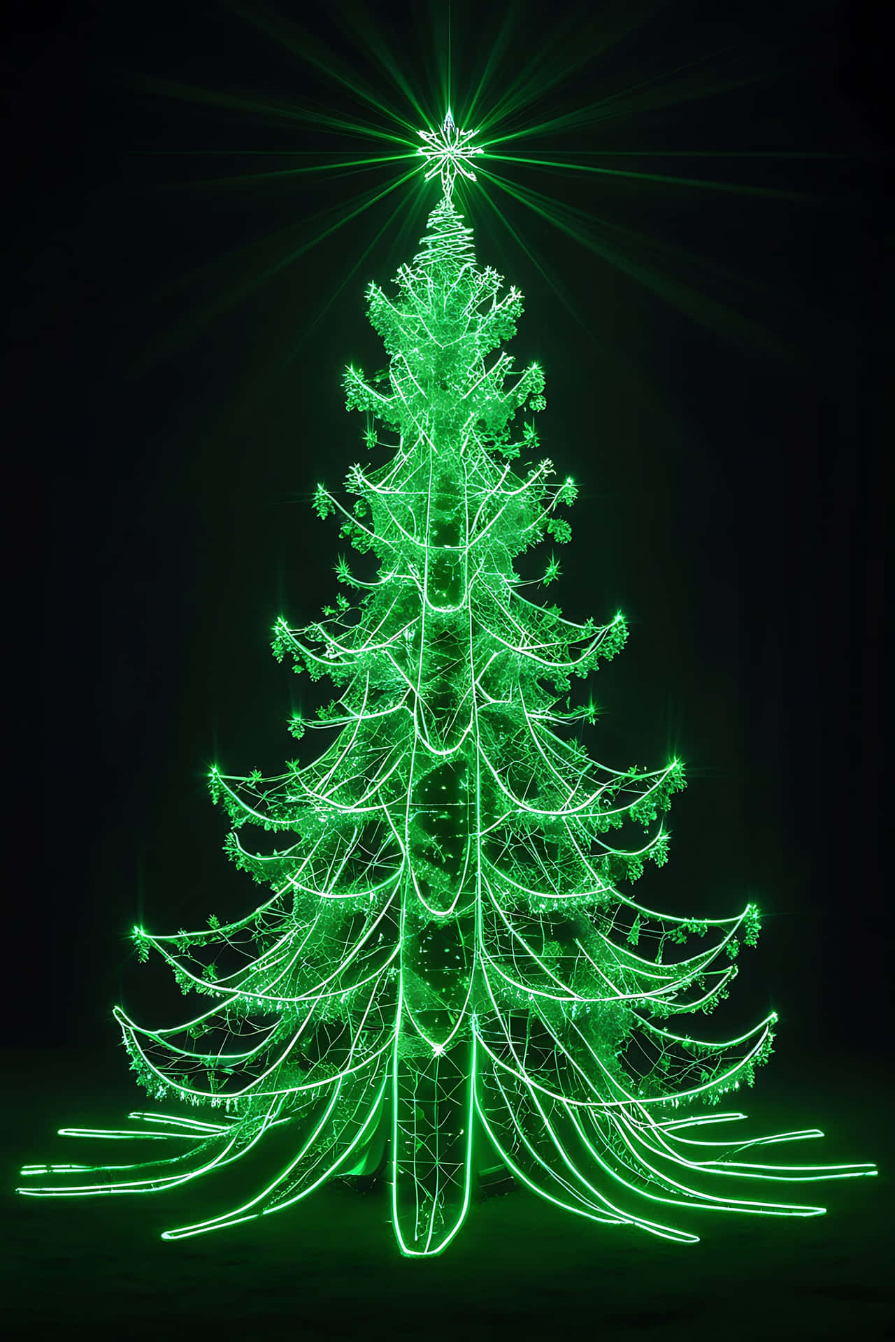Illuminated christmas tree 壁紙 — 一個發光的綠色線框聖誕樹，頂部有星爆燈光，立在黑色背景上。
