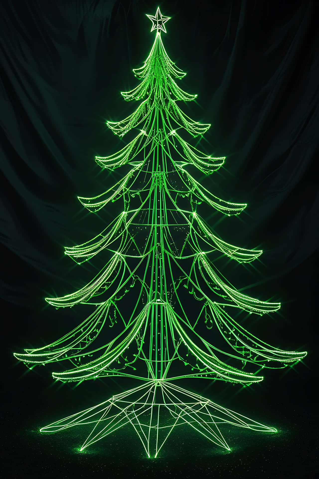 Illuminated christmas tree 壁紙 — 一個發光的綠色線框聖誕樹，頂部有星星，立在深色布幕背景前。