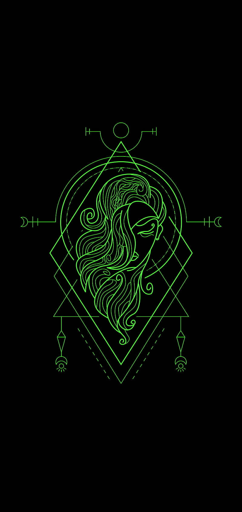 Virgo 桌布 壁紙 — 一個發光的綠色線條藝術肖像，描繪一位平靜的女性，飄逸的頭髮被幾何神秘符號框住，背景為黑色。