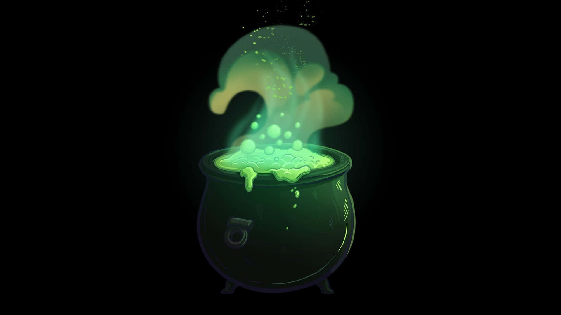 cauldron 桌布 壁紙 — 一個發光的綠色藥水在黑色背景的黑暗大鍋中冒泡並冒著蒸氣。