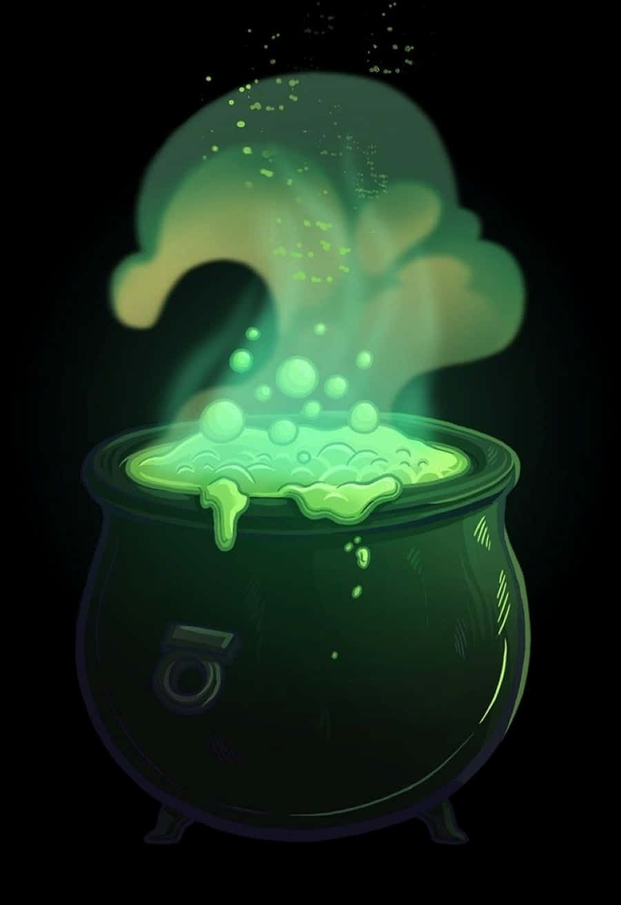 cauldron 桌布 壁紙 — 一個發光的綠色藥水在黑色背景的黑暗大鍋中冒泡並冒著蒸氣。