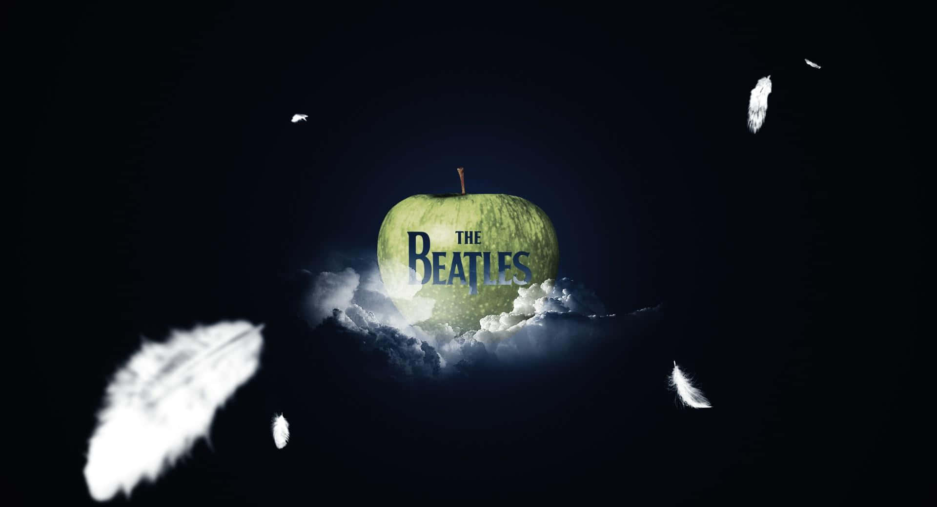 the beatles 桌布 壁紙 — 一個發光的綠色蘋果帶有The Beatles標誌，在黑暗虛空中漂浮於旋轉的雲朵和飄落的白色羽毛之間。