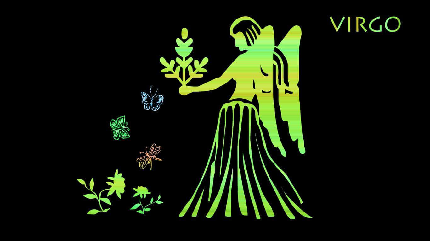 Virgo 桌布 壁紙 — 一個發光的綠色處女座星座符號人物手持植物，蝴蝶和花朵在黑色背景周圍飛舞。
