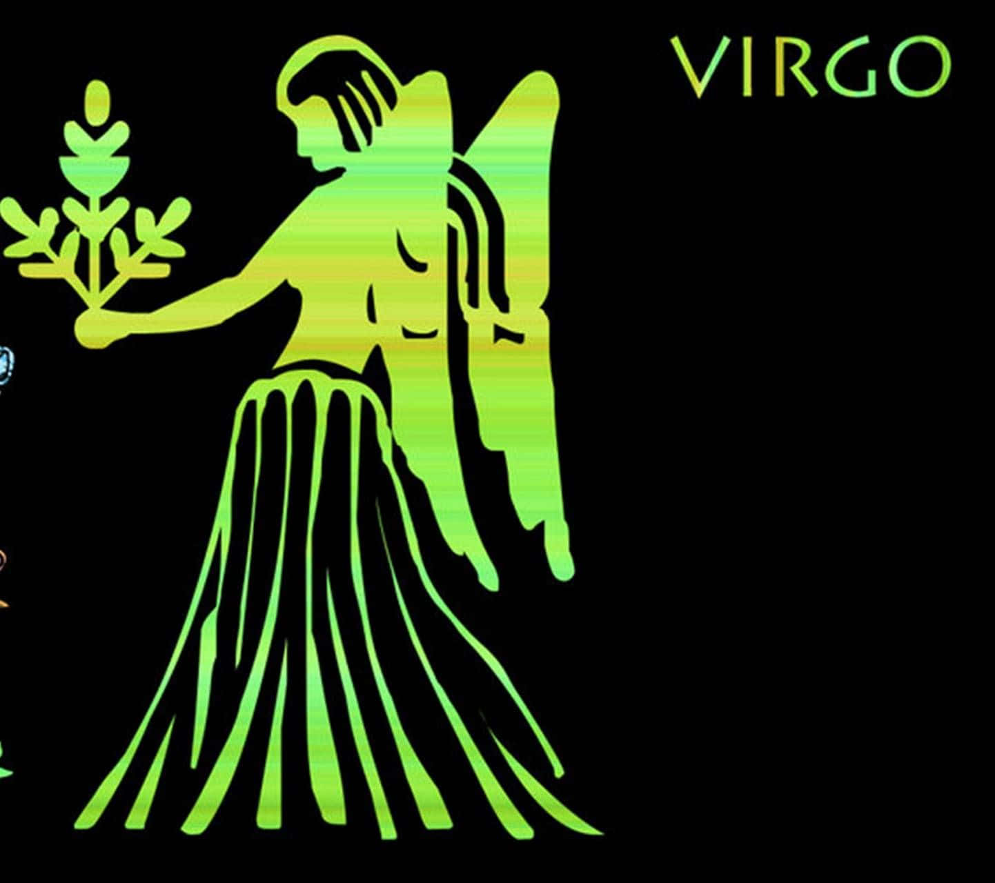 Virgo 桌布 壁紙 — 一個發光的綠色處女座星座符號剪影，手持麥穗，背景為黑色。