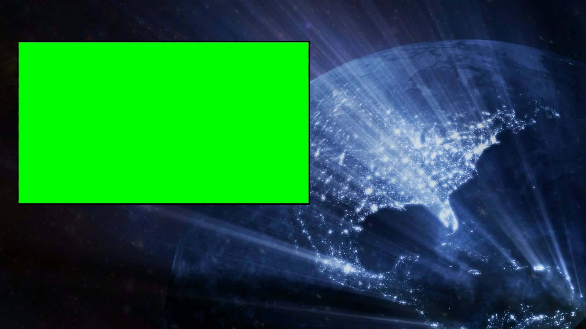 Studio 桌布 壁紙 — 一個發光的綠色螢幕覆蓋在從太空看到的地球夜景上，明亮的城市燈光照亮了各大洲。