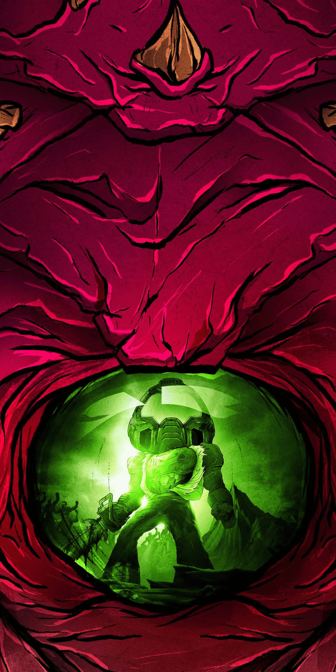 Pixel 3 Doom 桌布 壁紙 — 一個發光的綠色裝甲人物，挑釁地站在一個巨大的、有紋理的深紅色花朵狀結構的圓形開口內。