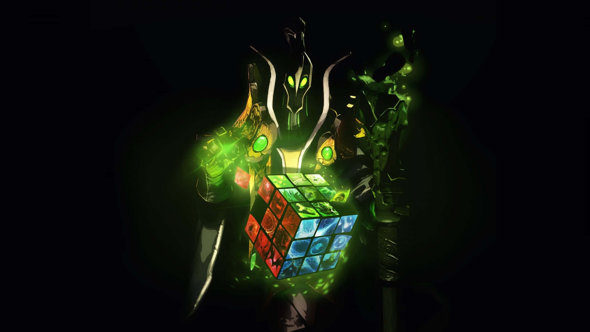 1920x1080 Dota 2 桌布 壁紙 — 一個發光的綠色裝甲人物在黑暗背景前拿著一個彩色魔術方塊。