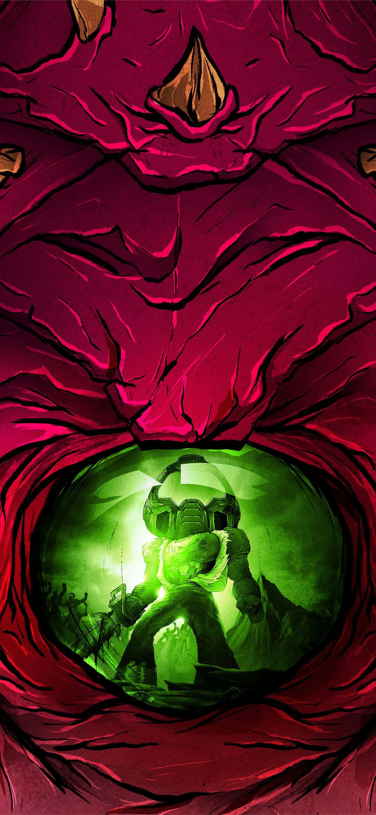 Doom iPhone 桌布 壁紙 — 一個發光的綠色裝甲人物站在一個脈動的紅色有機隧道內，周圍是肉質皺褶和尖銳的骨狀突起。