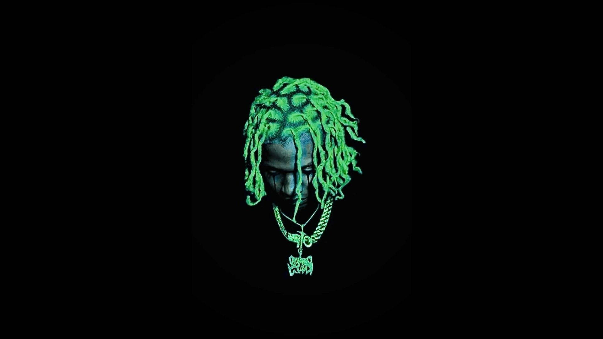 Lil Durk 桌布 壁紙 — 一個發光的綠色辮子頭，戴著鏈條項鍊，背景為黑色。