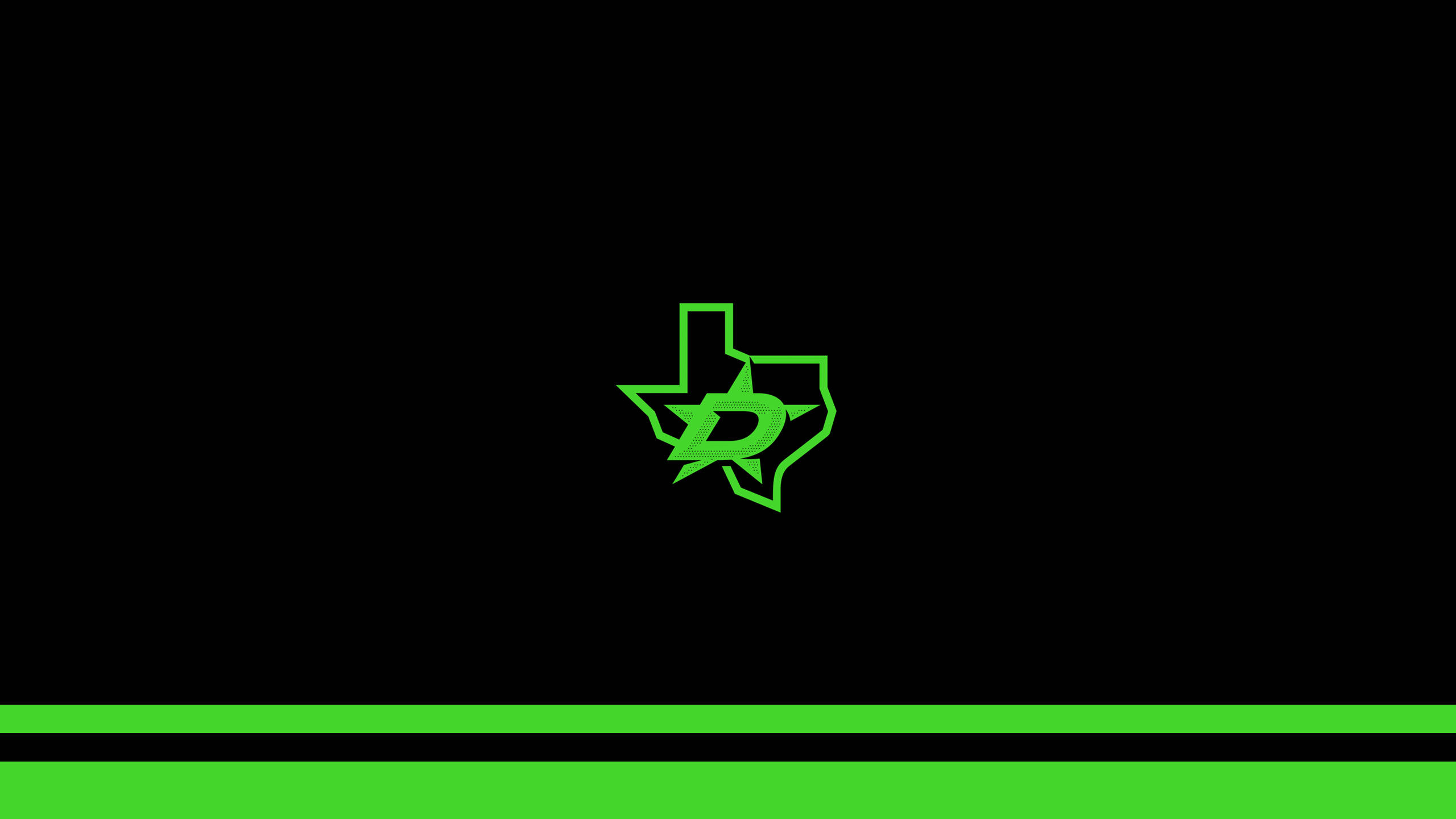 Dallas Stars 桌布 壁紙 — 一個發光的綠色達拉斯星隊標誌居中於黑色背景上，底部有相配的綠色和黑色水平條紋。