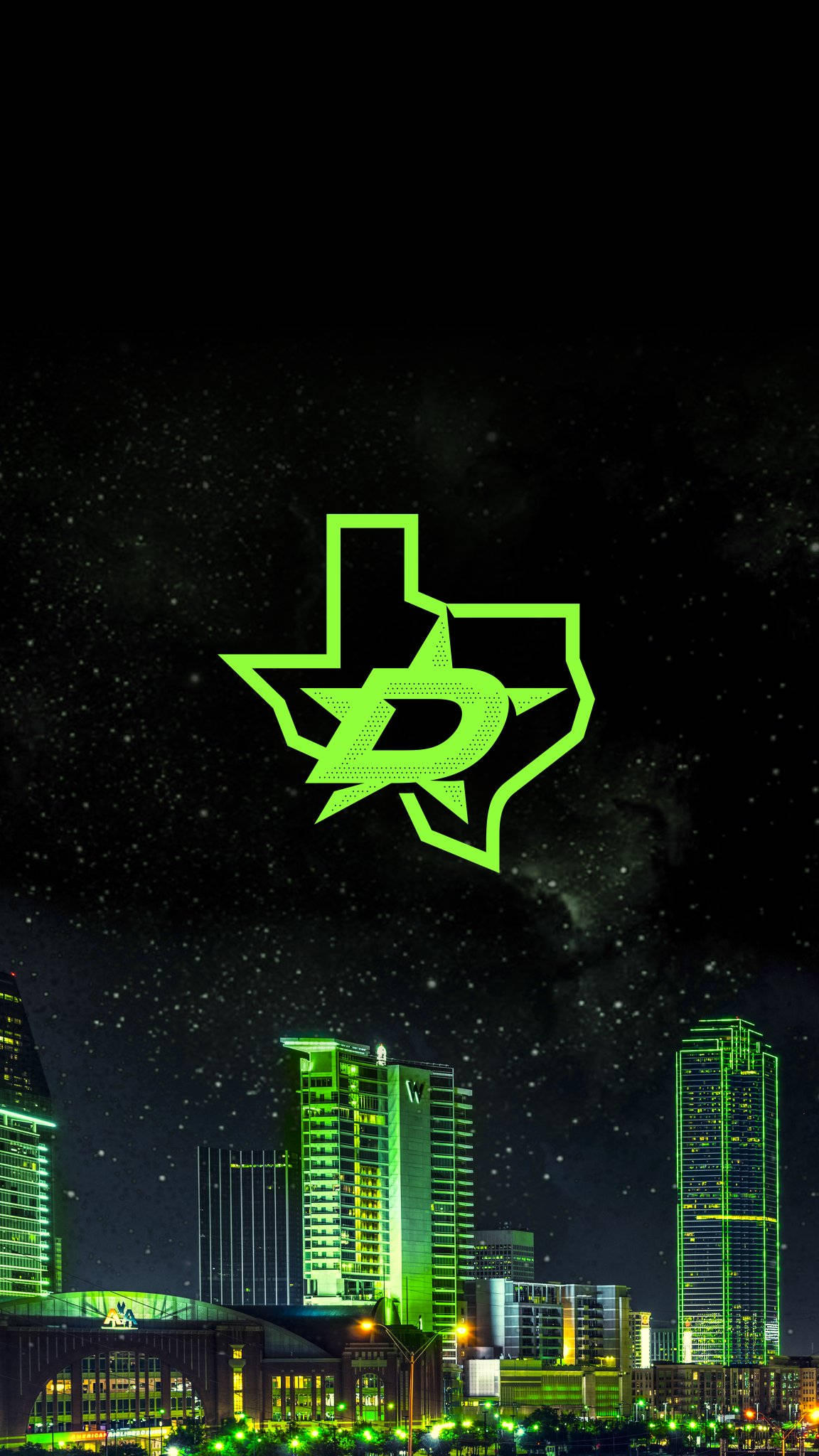 Dallas Stars 桌布 壁紙 — 一個發光的綠色達拉斯星隊標誌漂浮在霓虹燈照亮的達拉斯天際線之上，背景是繁星點點的夜空。