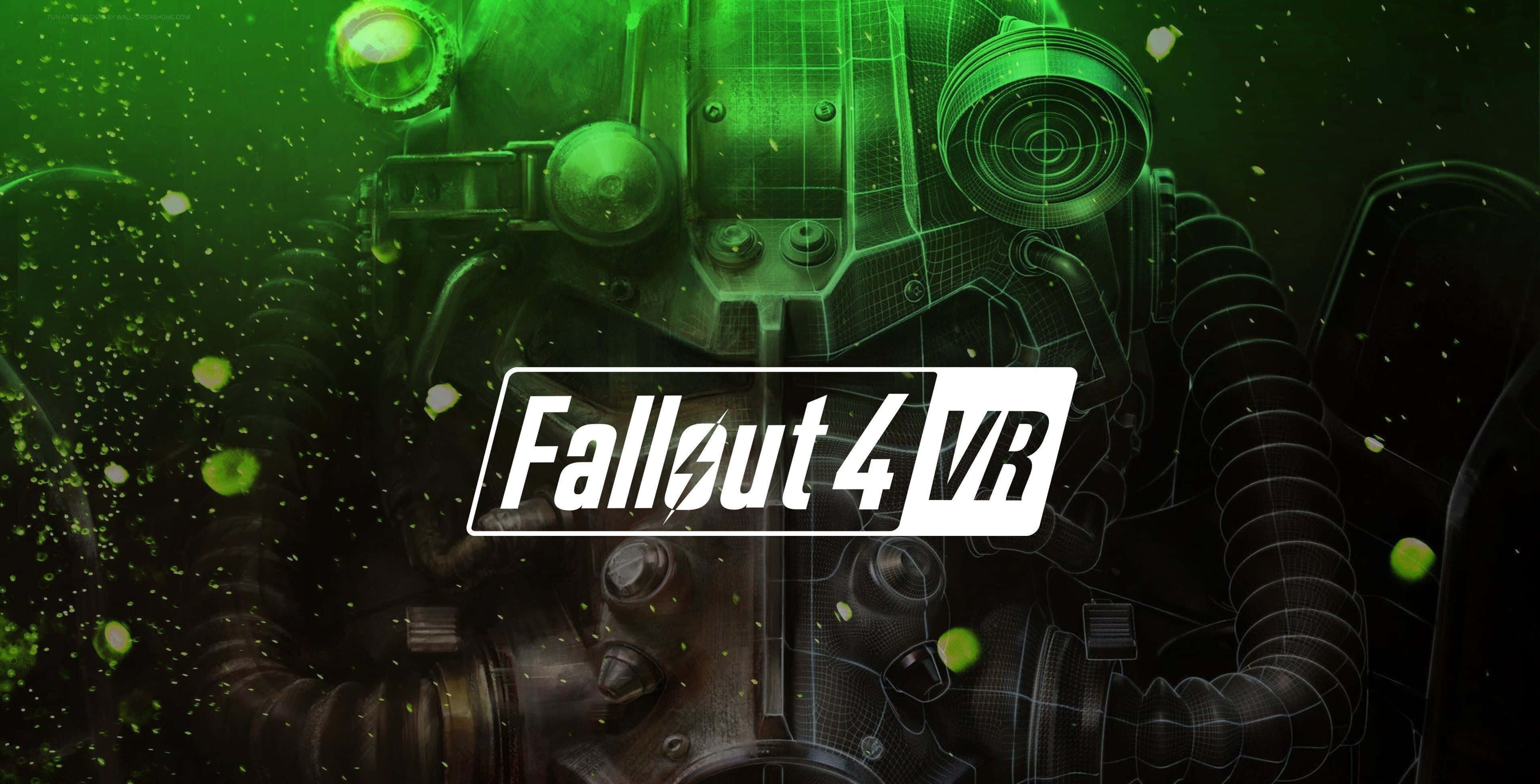 vr 桌布 壁紙 — 一個發光的綠色防毒面具主導了黑暗場景，帶有漂浮的粒子和 Fallout 4 VR 標誌。