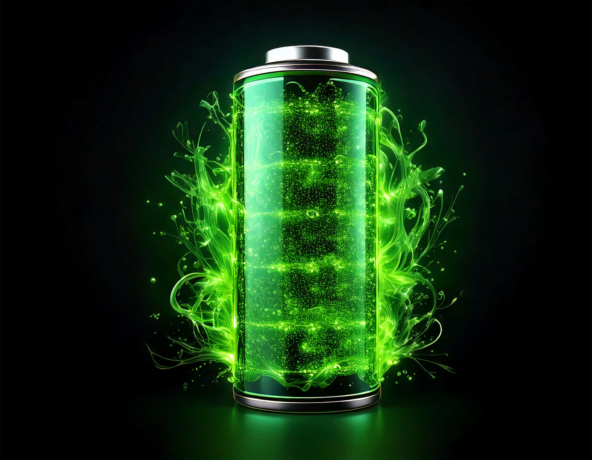 Battery 壁紙 — 一個發光的綠色電池充滿能量地脈動，鮮豔的液體在黑暗背景上向外飛濺。