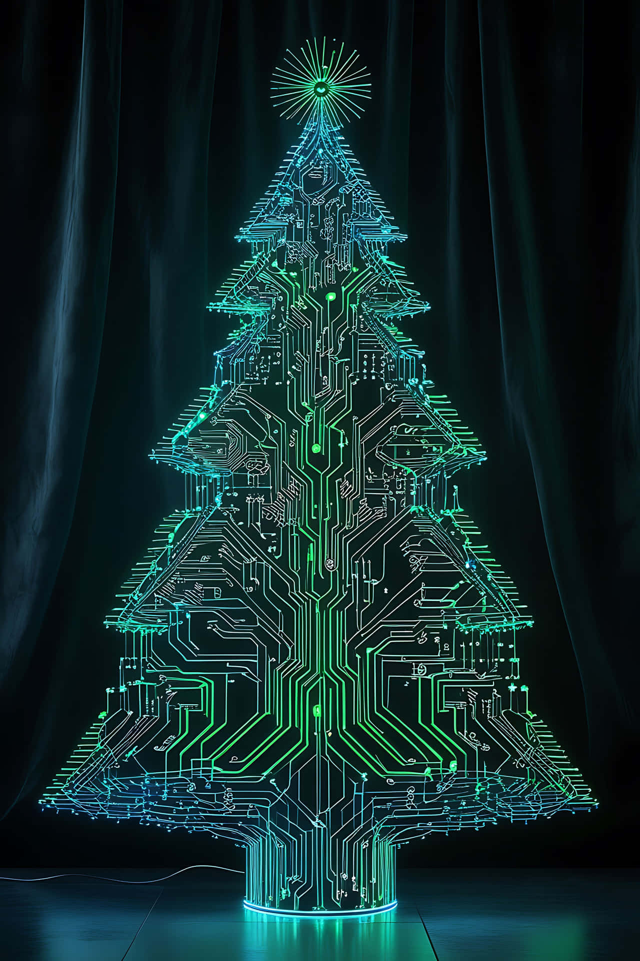 Futuristic christmas tree 壁紙 — 一個發光的綠色電路板聖誕樹在深色窗簾前亮起，頂部有星形裝飾。