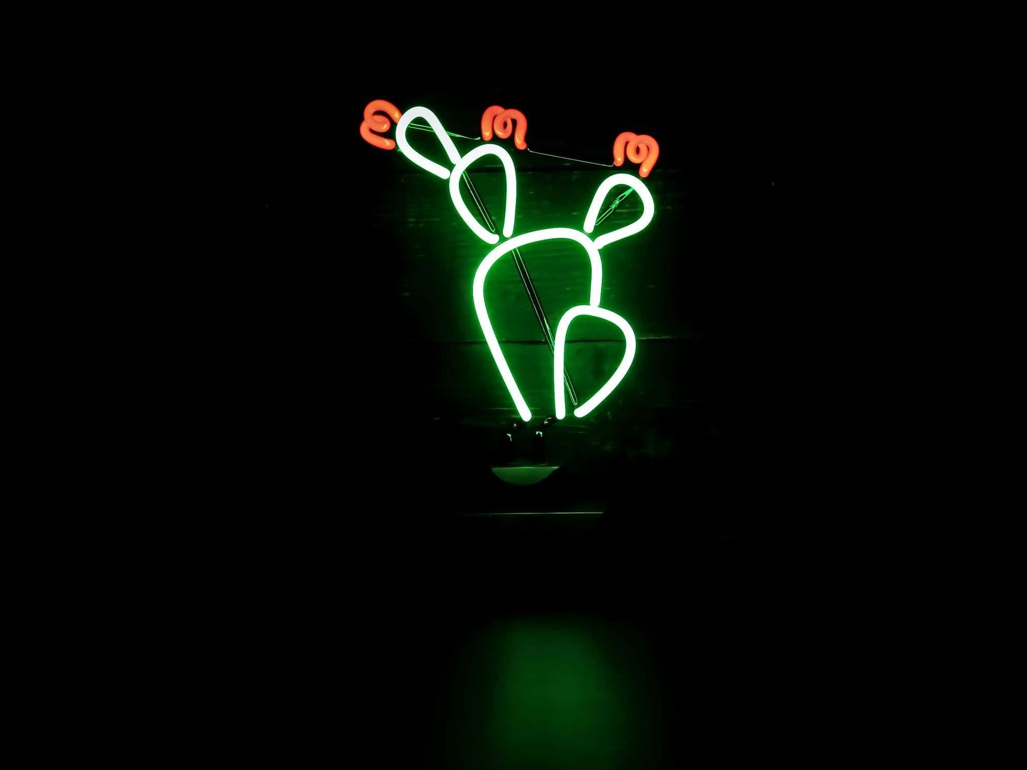 Green Aesthetic Desktop 桌布 壁紙 — 一個發光的綠色霓虹燈牌，形狀像一隻有橙色耳朵的兔子，背景為黑色。