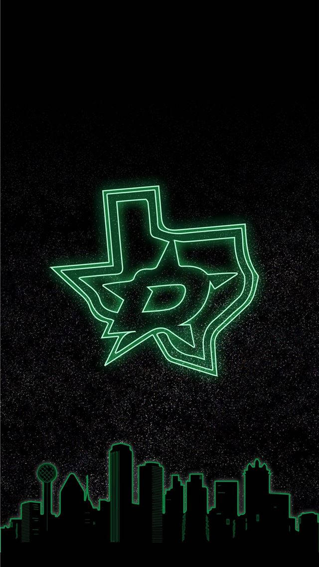 Dallas Stars 桌布 壁紙 — 一個發光的綠色霓虹燈輪廓，呈現德州形狀，內部有一顆星星，懸浮在城市天際線之上，背景為深色斑點。