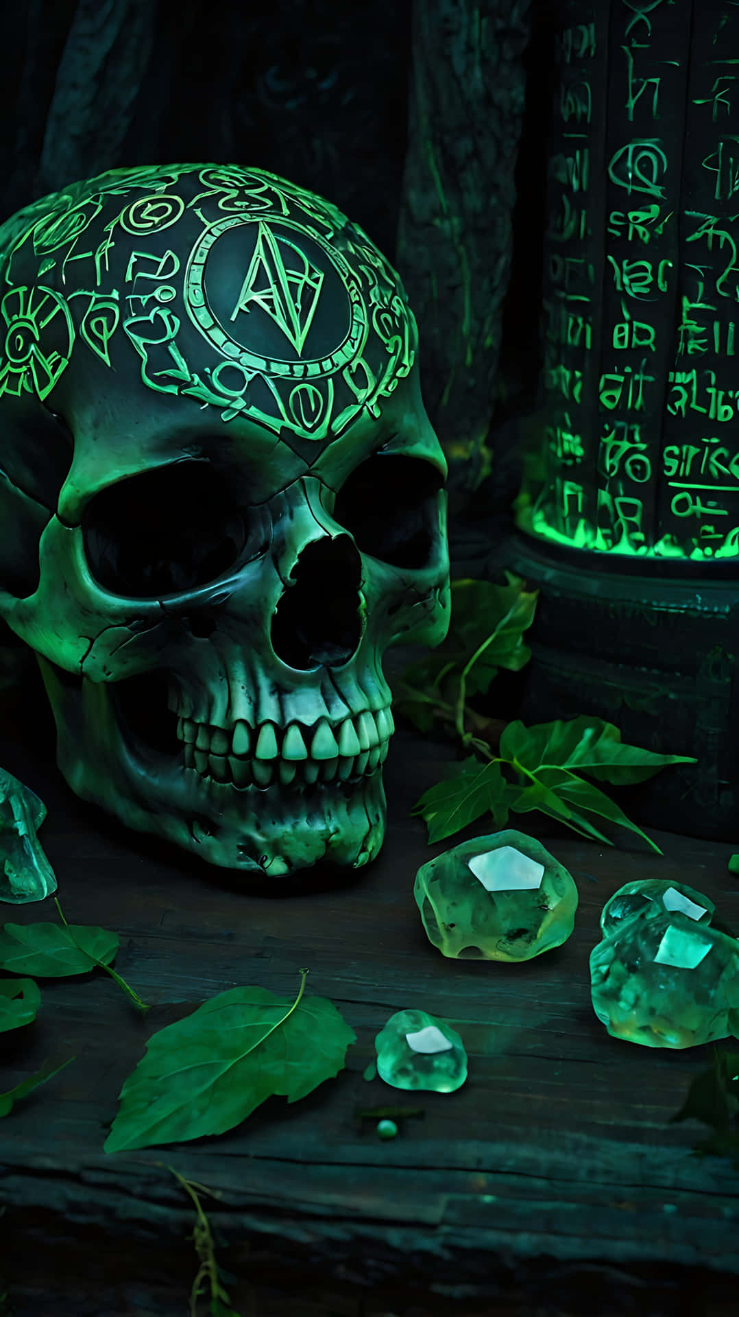 Arcane Skull Adorned with Ancient Runes 壁紙 — 一個發光的綠色頭骨，帶有複雜的符文和中央符號，放置在深色木質表面上，旁邊散落著綠色水晶和樹葉。