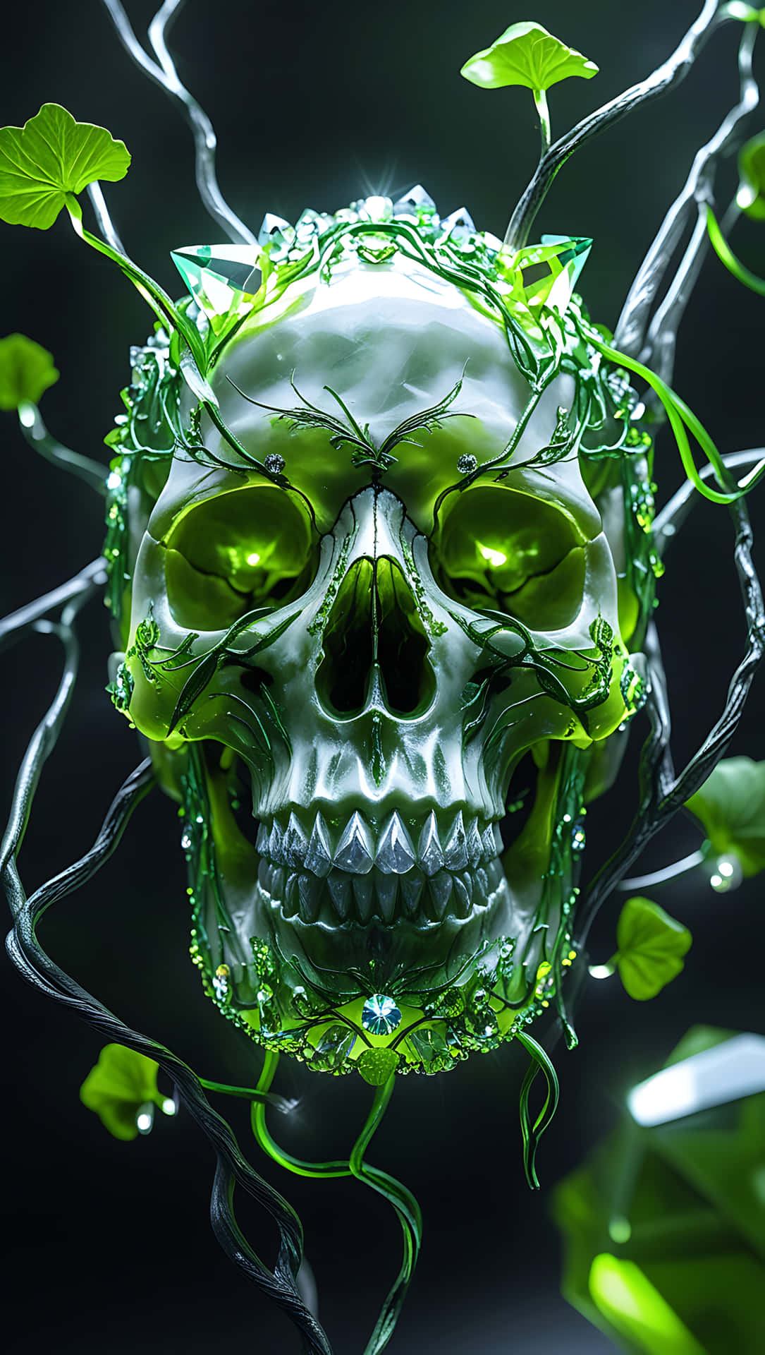 Crystal Skull with Glowing Green Vines. smartphone wallpaper 壁紙 — 一個發光的綠色頭骨，飾有水晶藤蔓和葉子，在黑暗背景下發光。