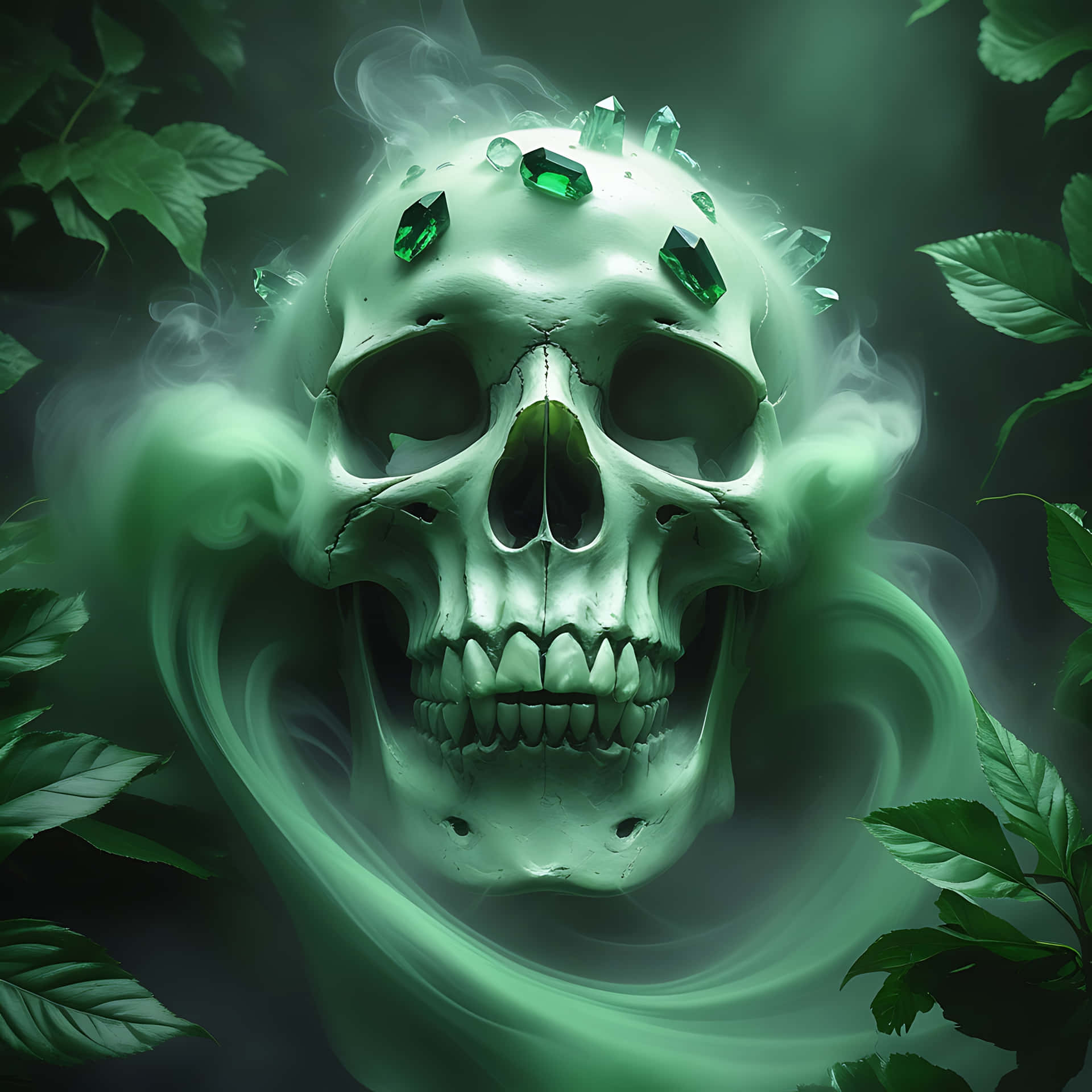 Phantom Skull Emerging from a Green Mist. skull wallpaper 壁紙 — 一個發光的綠色頭骨，飾有祖母綠寶石，周圍環繞著旋轉的迷霧和深色樹葉。
