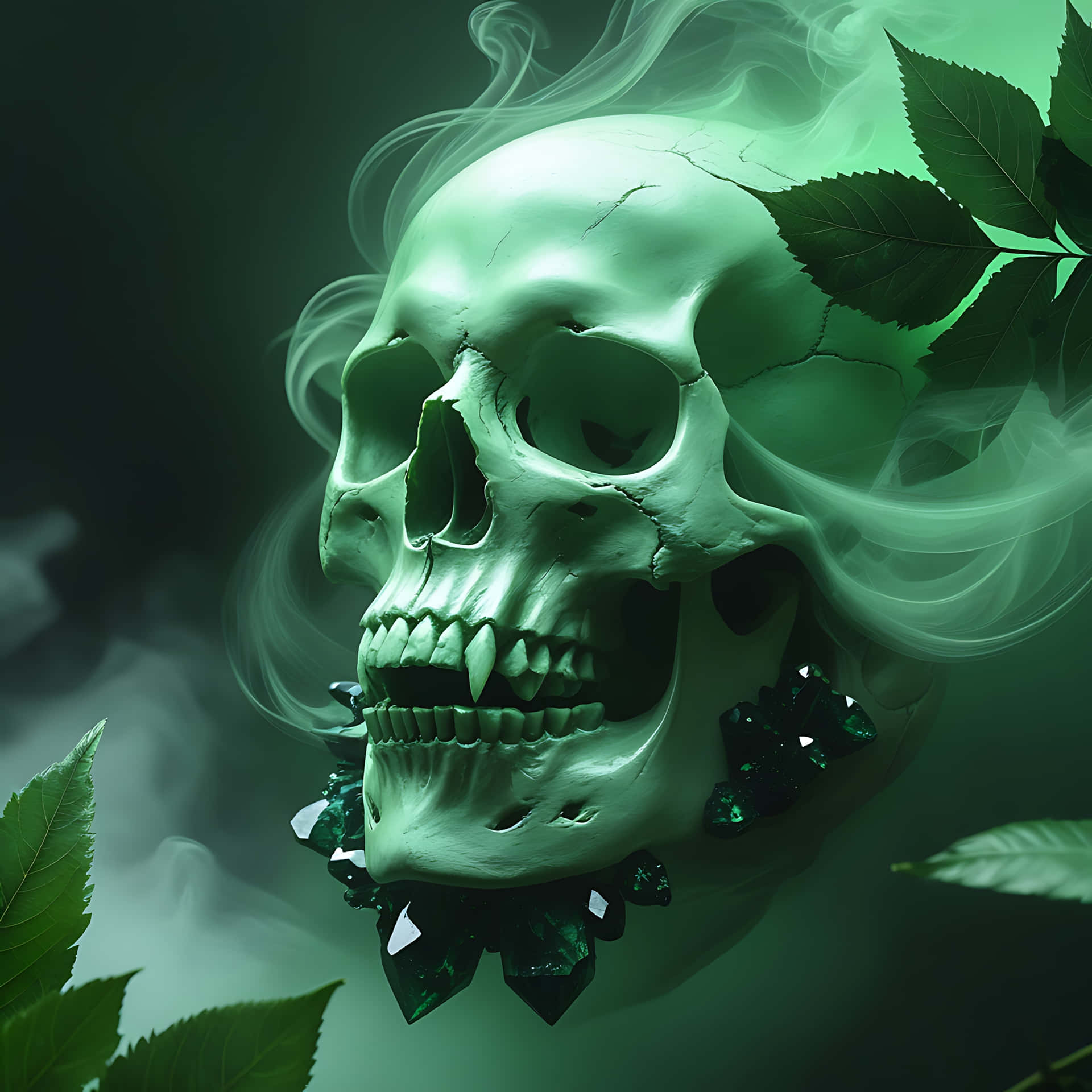 Phantom Skull Emerging from a Green Mist. skull wallpaper 壁紙 — 一個發光的綠色頭骨，飾有祖母綠水晶，周圍環繞著樹葉和旋轉的薄霧。