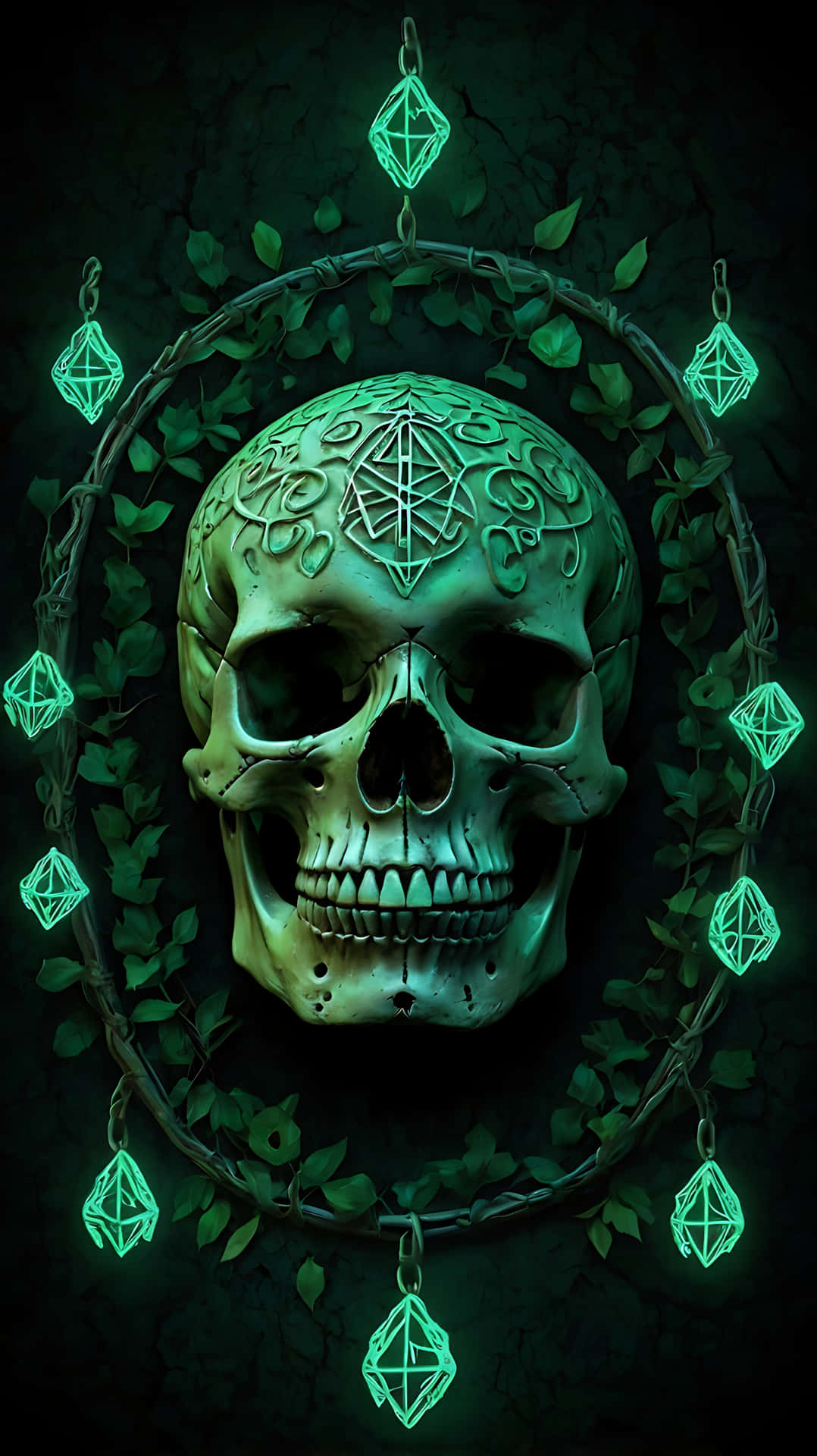 Arcane Skull Adorned with Ancient Runes 壁紙 — 一個發光的綠色頭骨，飾有複雜圖案，被葉子花環和懸掛的幾何水晶環繞，背景是深色紋理。