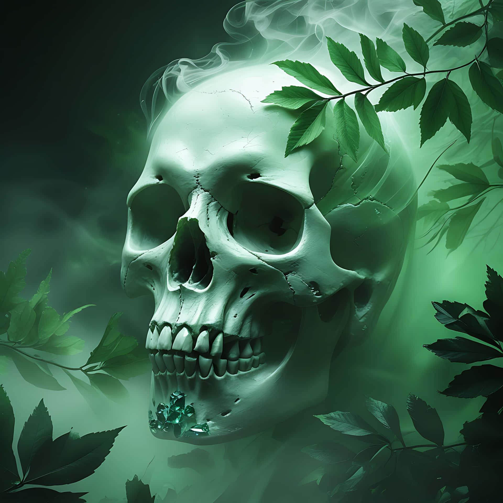 Phantom Skull Emerging from a Green Mist. skull wallpaper 壁紙 — 一個發光的綠色頭骨從霧氣瀰漫的樹葉中浮現，樹葉纏繞著它的冠冕，下頜線上有閃閃發光的寶石。