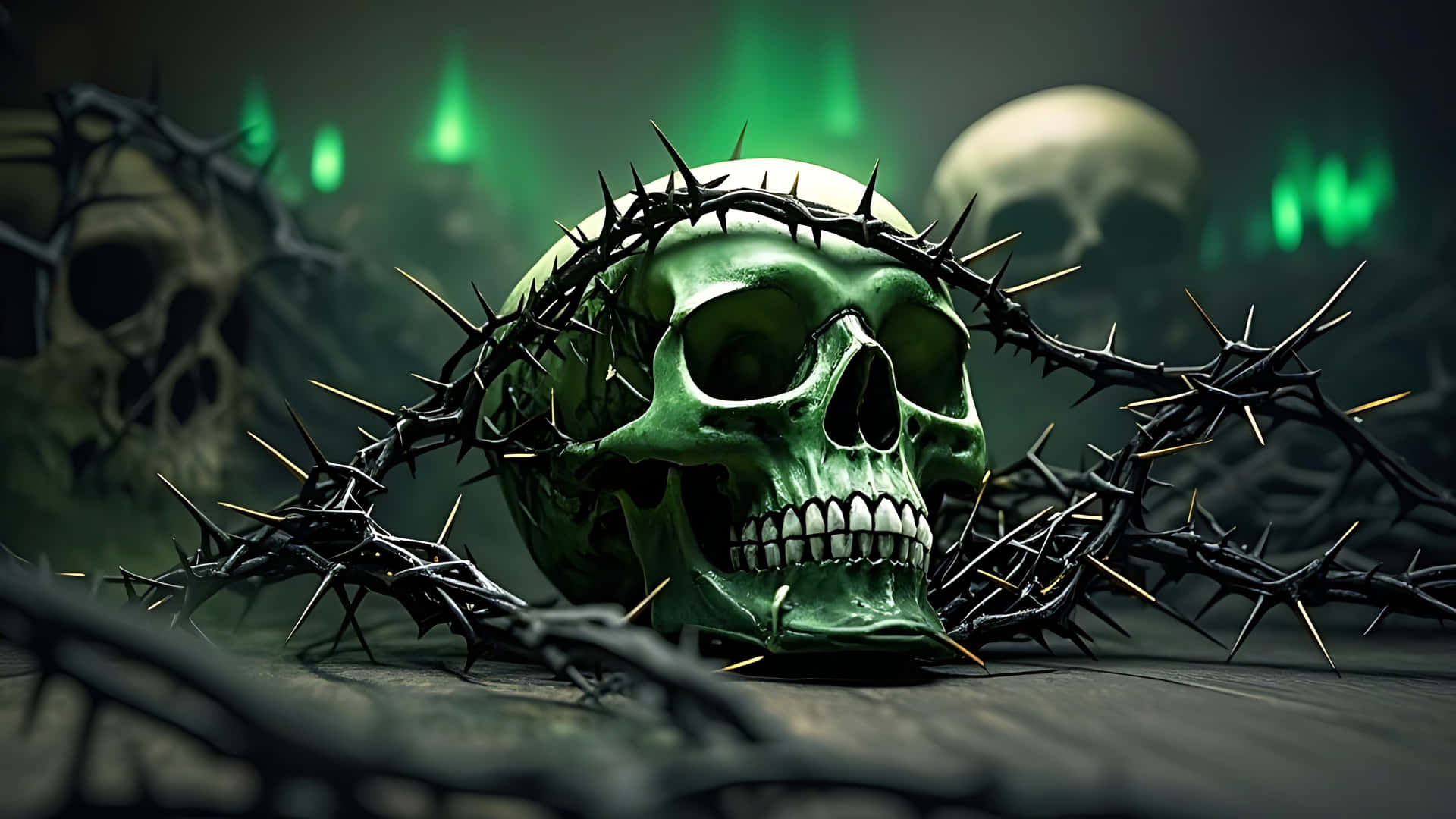 Witch's Skull with Black Thorns and Spells. skull wallpaper 壁紙 — 一個發光的綠色頭骨戴著荊棘冠冕，放在木質表面上，背景有其他頭骨和綠色燈光。