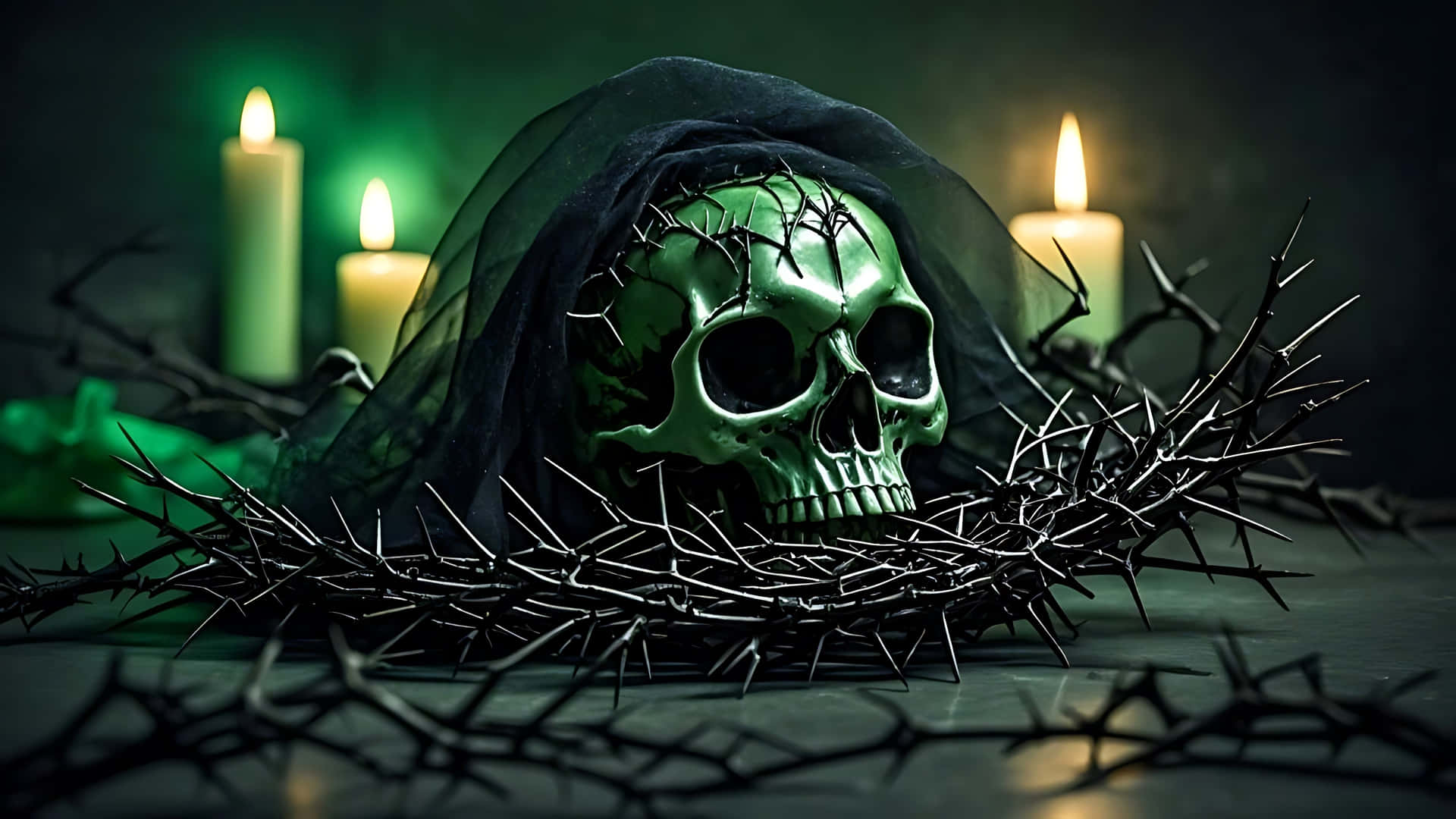 Witch's Skull with Black Thorns and Spells. skull wallpaper 壁紙 — 一個發光的綠色頭骨披著黑布，躺在荊棘叢中，搖曳的蠟燭投射出詭異的綠光。